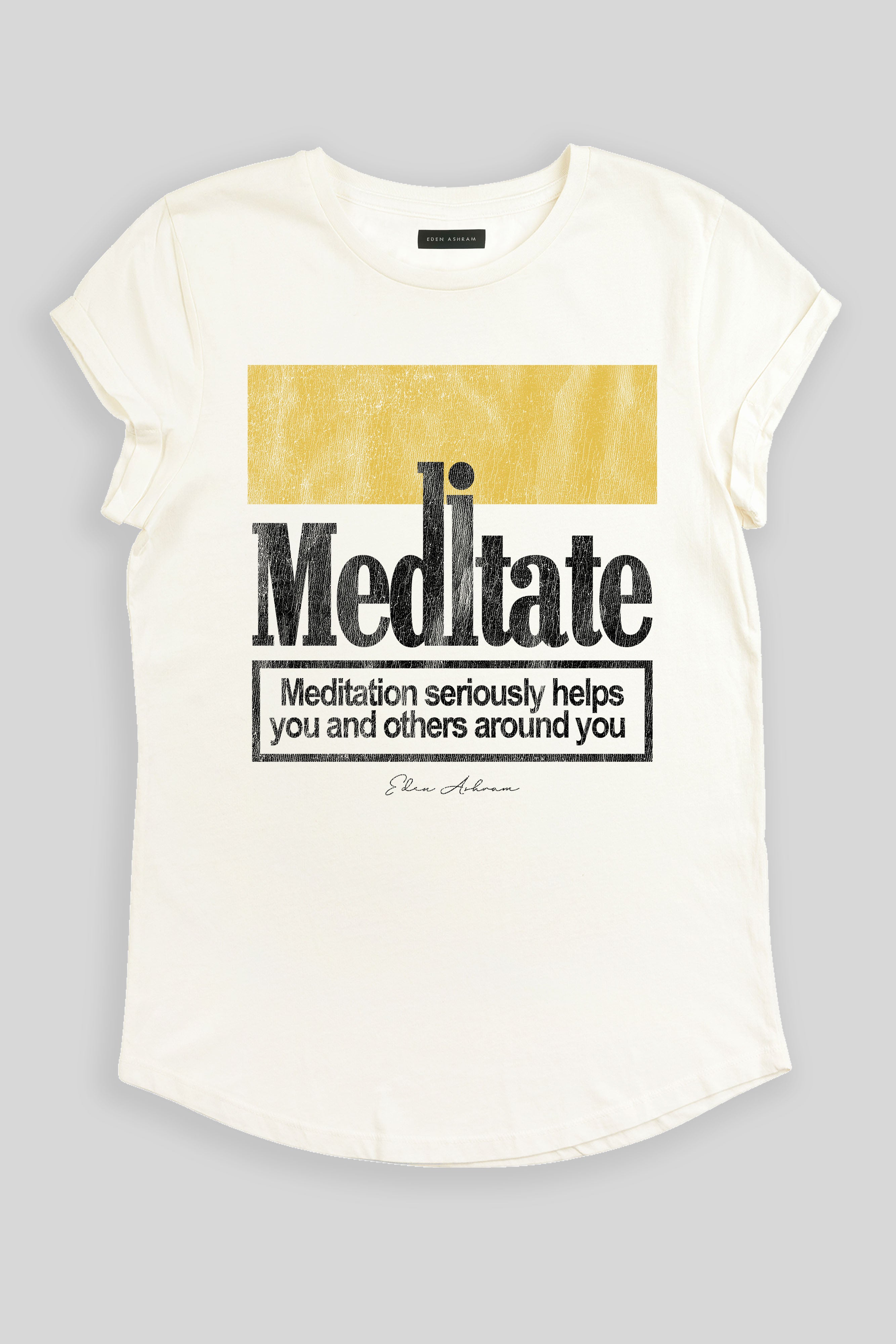 Eden Ashram Meditate 2.0 Premium Rolled Sleeve T-Shirt Stonewash White Gold