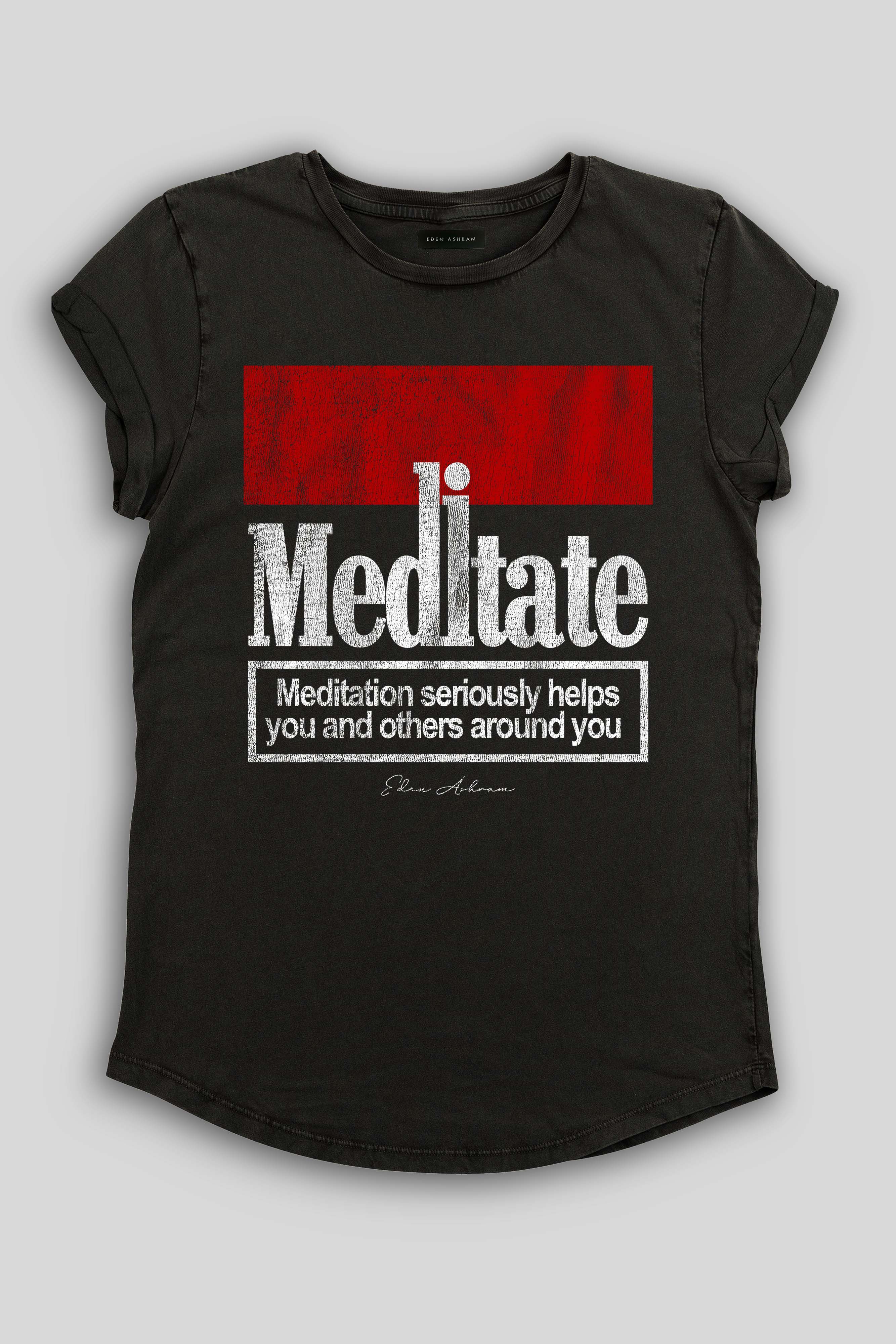 Eden Ashram Meditate 2.0 Premium Rolled Sleeve T-Shirt Stonewash Black Red