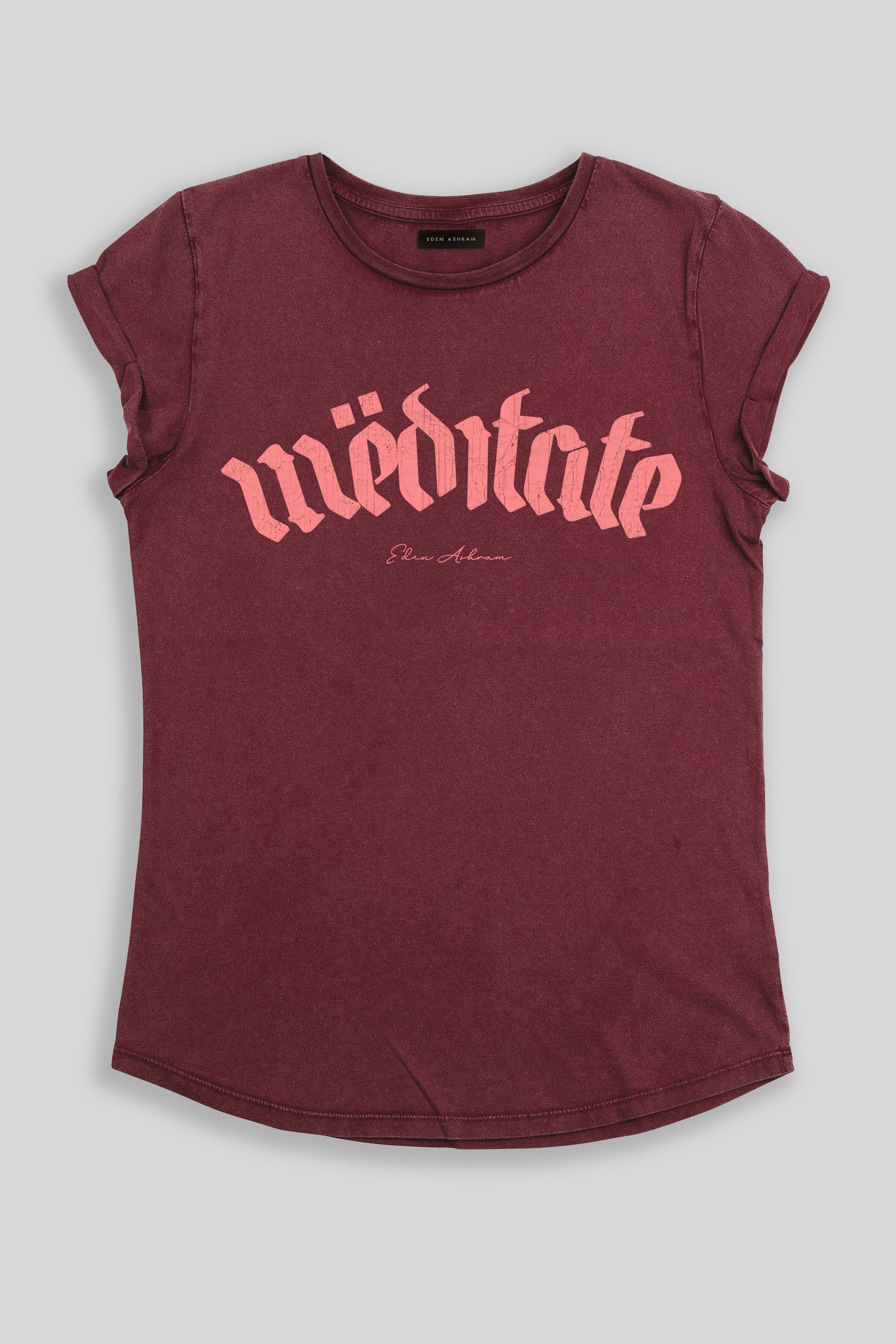 Eden Ashram Meditate Tour Premium Rolled Sleeve T-Shirt Stonewash Burgundy