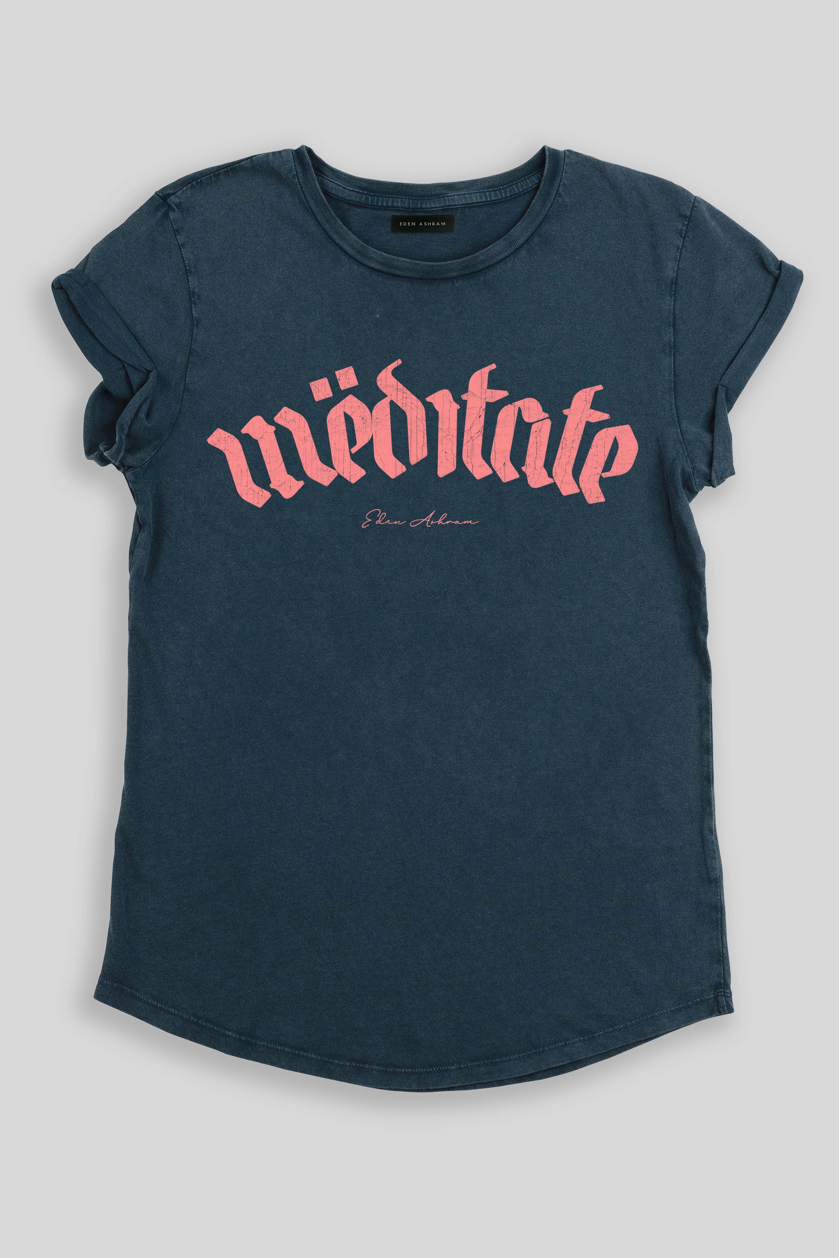 Eden Ashram Meditate Tour Premium Rolled Sleeve T-Shirt Stonewash Denim