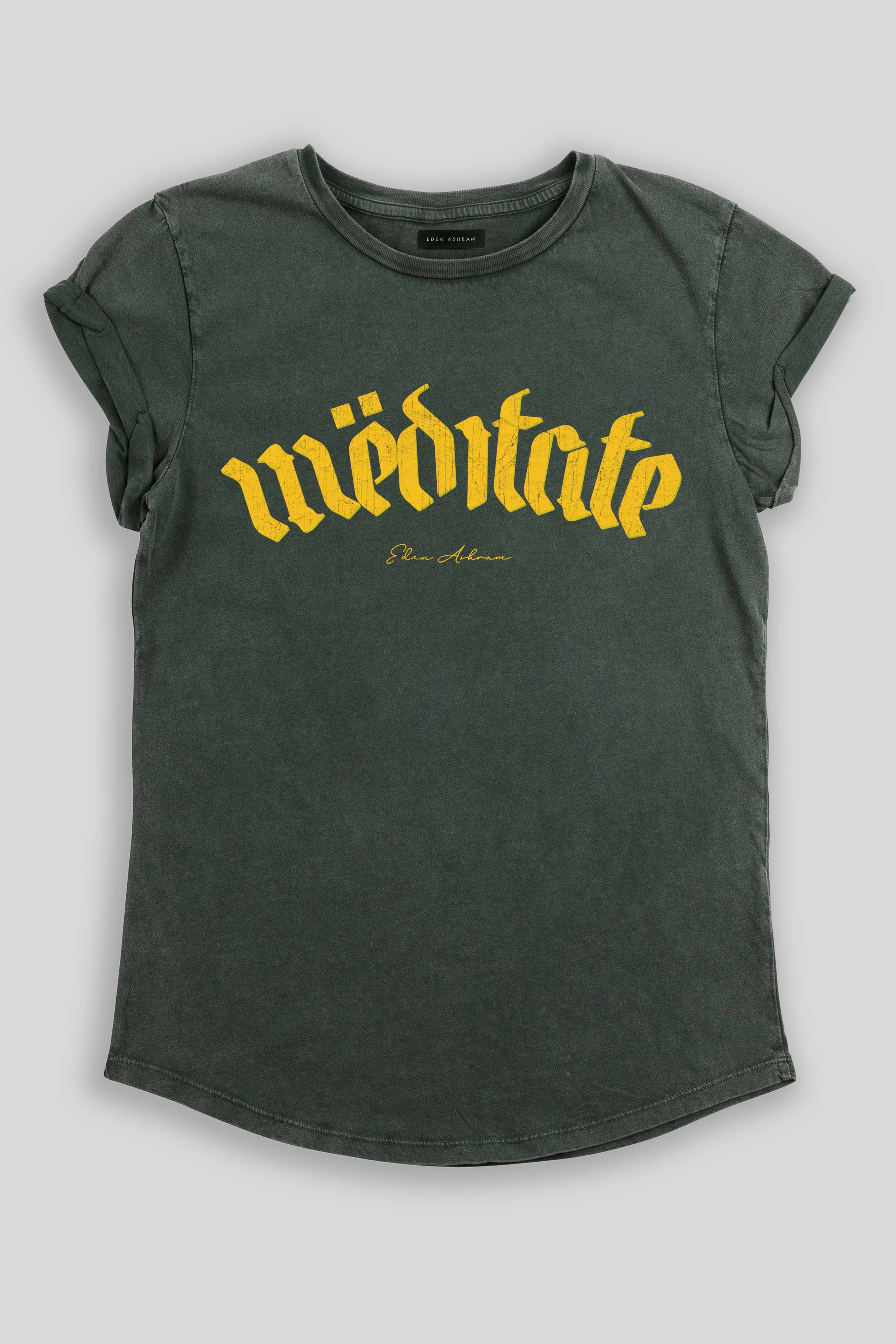 Eden Ashram Meditate Tour Premium Rolled Sleeve T-Shirt Stonewash Green