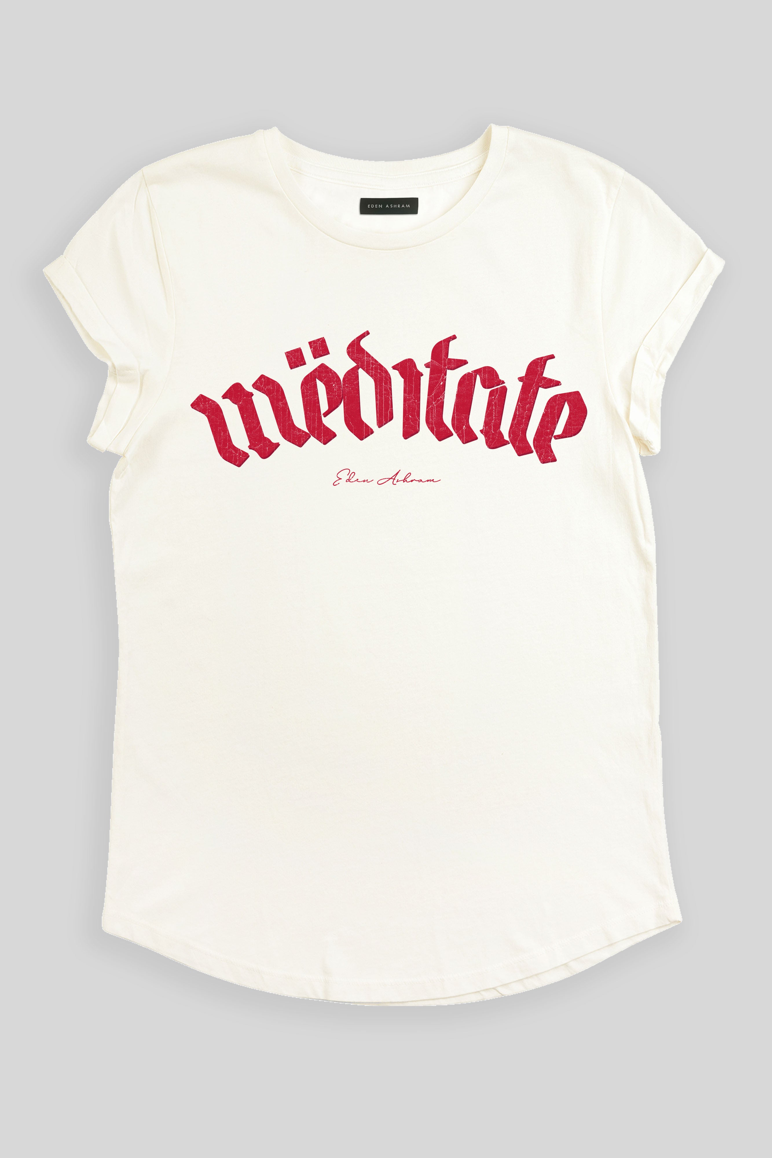 Eden Ashram Meditate Tour Premium Rolled Sleeve T-Shirt Stonewash White