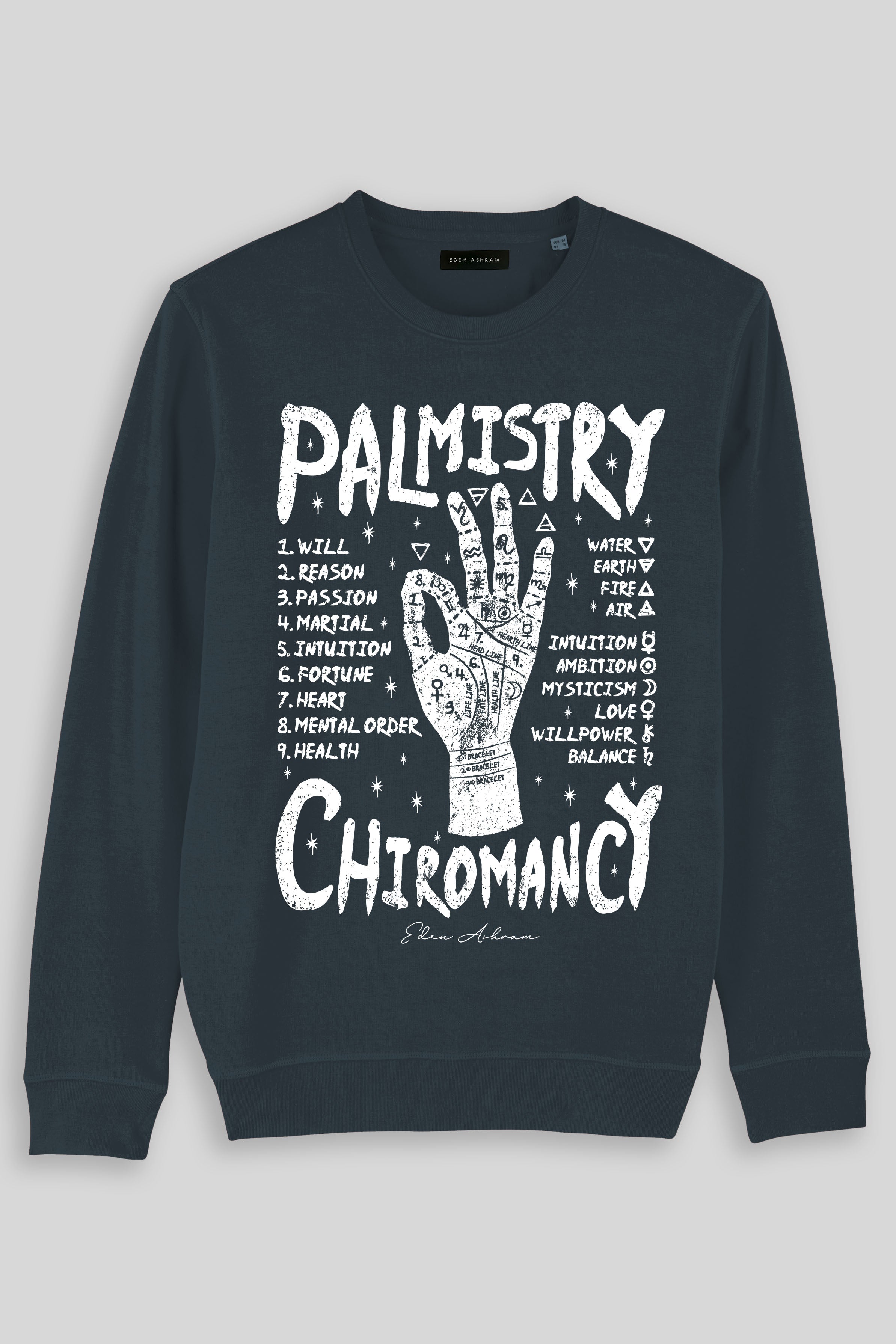 Eden Ashram Palmistry | Chiromancy Premium Crew Neck Sweatshirt India Ink Grey