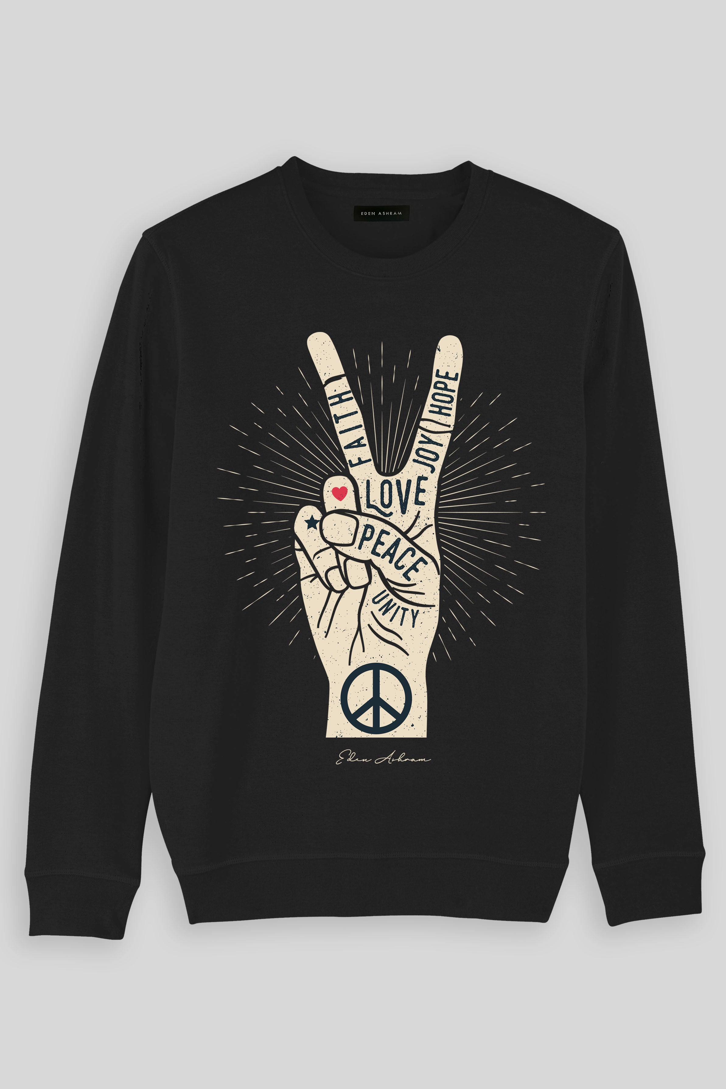 Eden Ashram Peace, Love, Unity, Faith, Joy & Hope Premium Crew Neck Sweatshirt Vintage Black