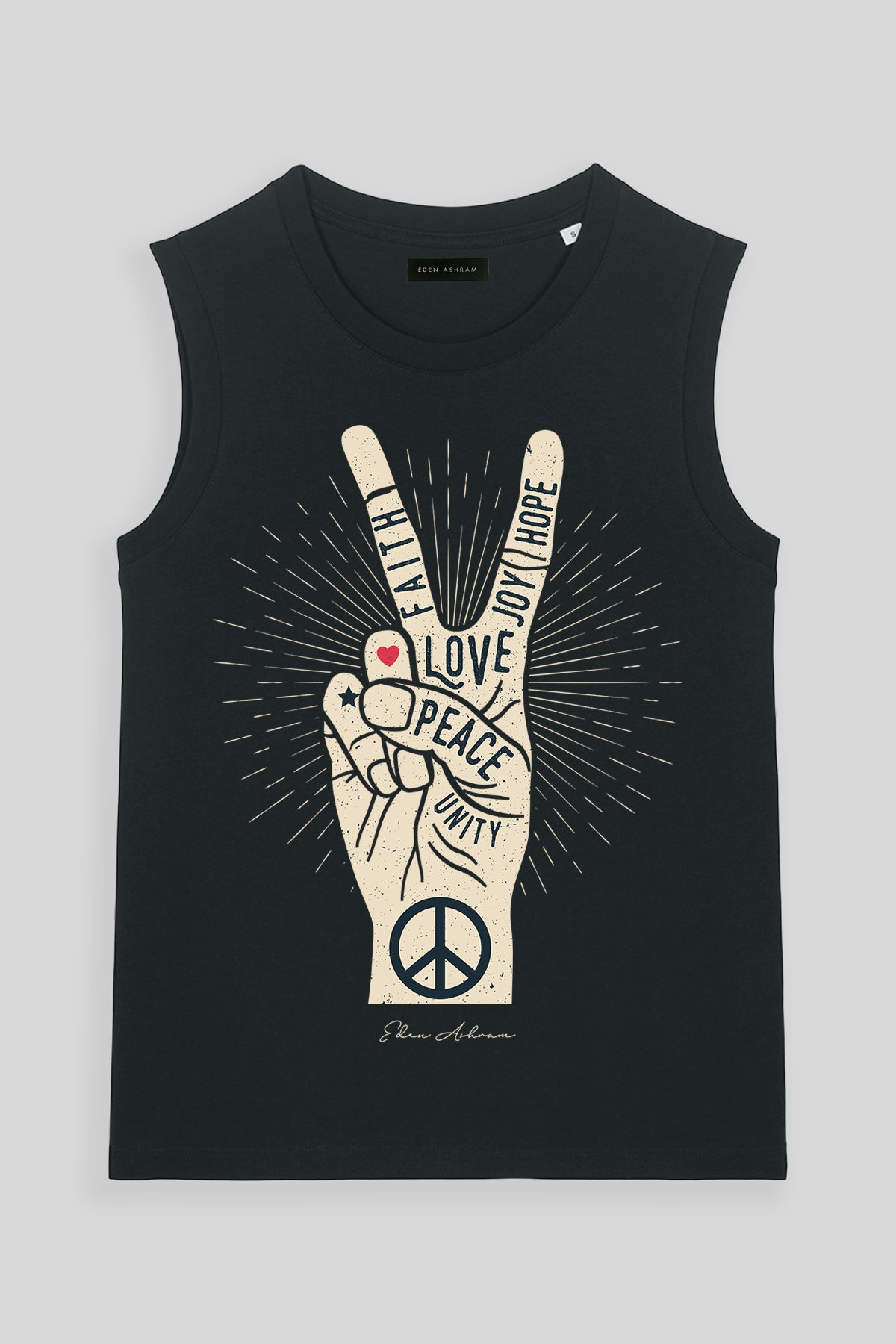 Eden Ashram Peace, Love, Unity, Faith, Joy & Hope Venice Tank Black