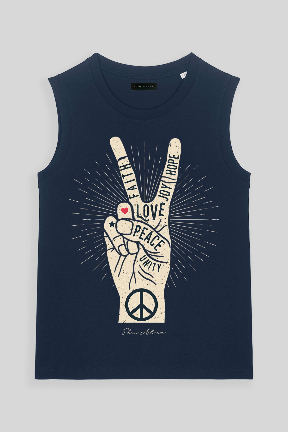 Eden Ashram Peace, Love, Unity, Faith, Joy & Hope Venice Tank French Navy