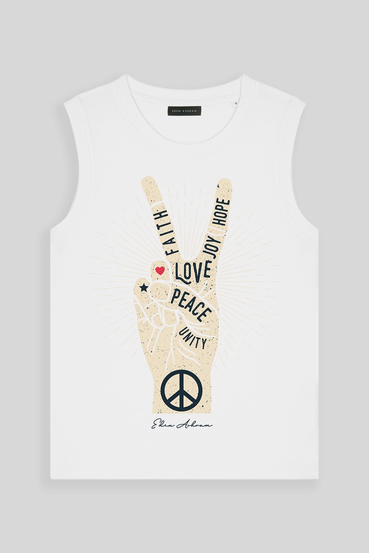 Eden Ashram Peace, Love, Unity, Faith, Joy & Hope Venice Tank White