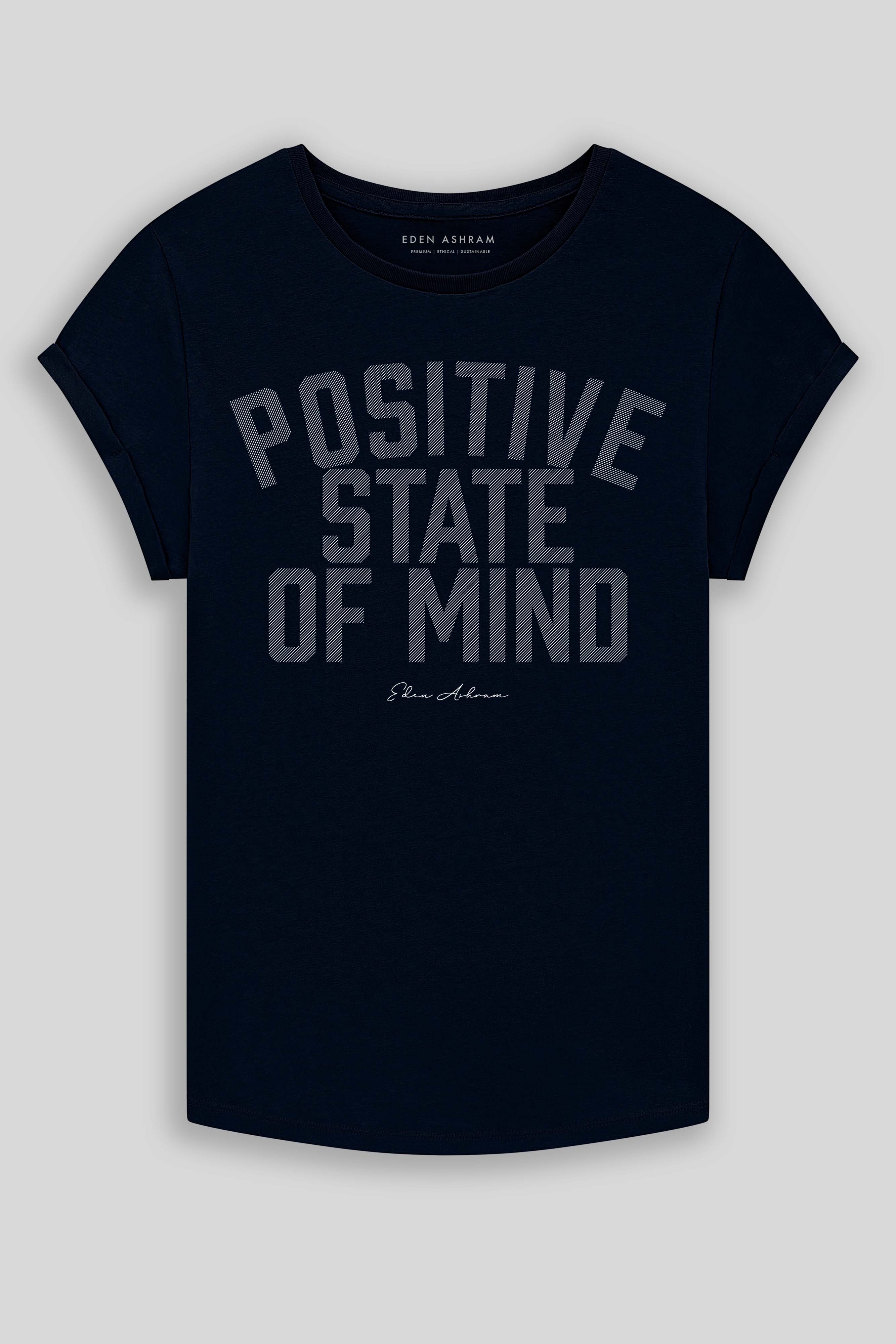 Eden Ashram Positive State Of Mind Premium Rolled Sleeve T-Shirt Dark Navy
