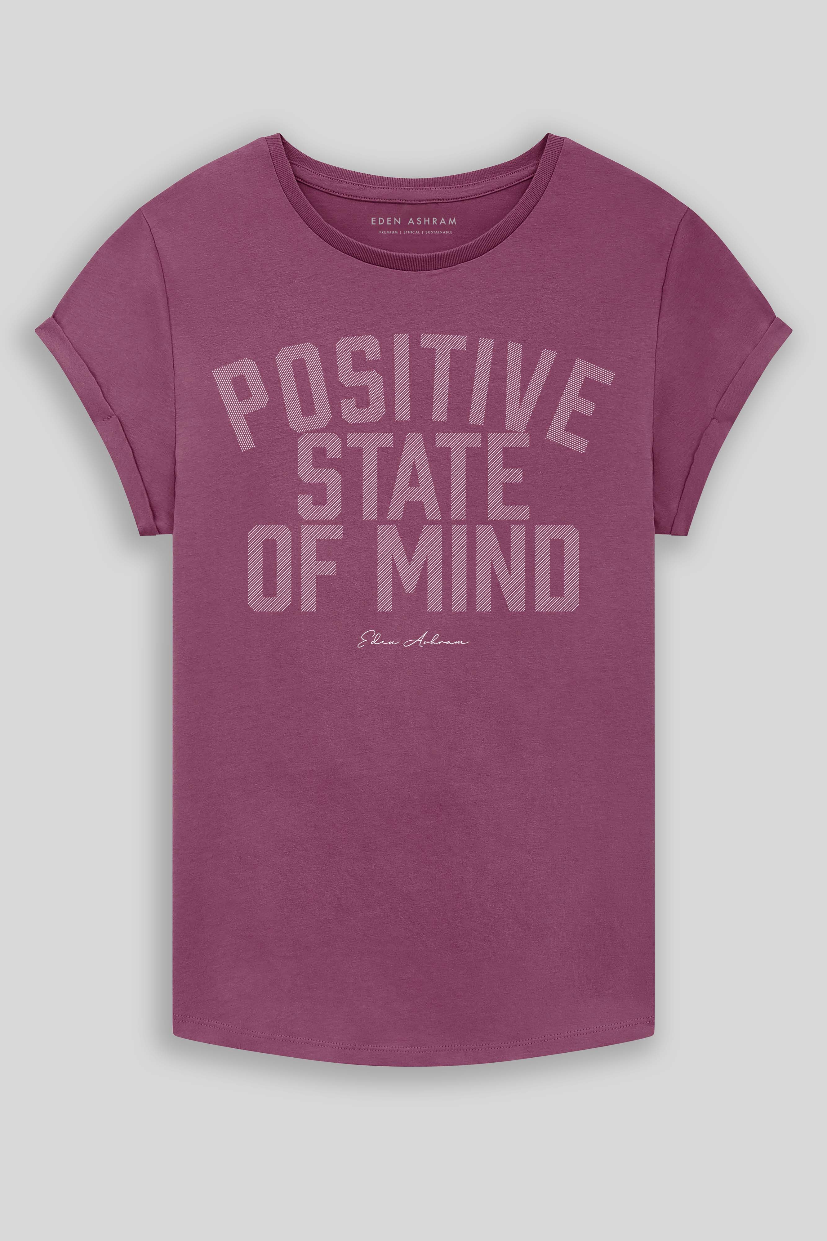 Eden Ashram Positive State Of Mind Premium Rolled Sleeve T-Shirt Faded Burgundy