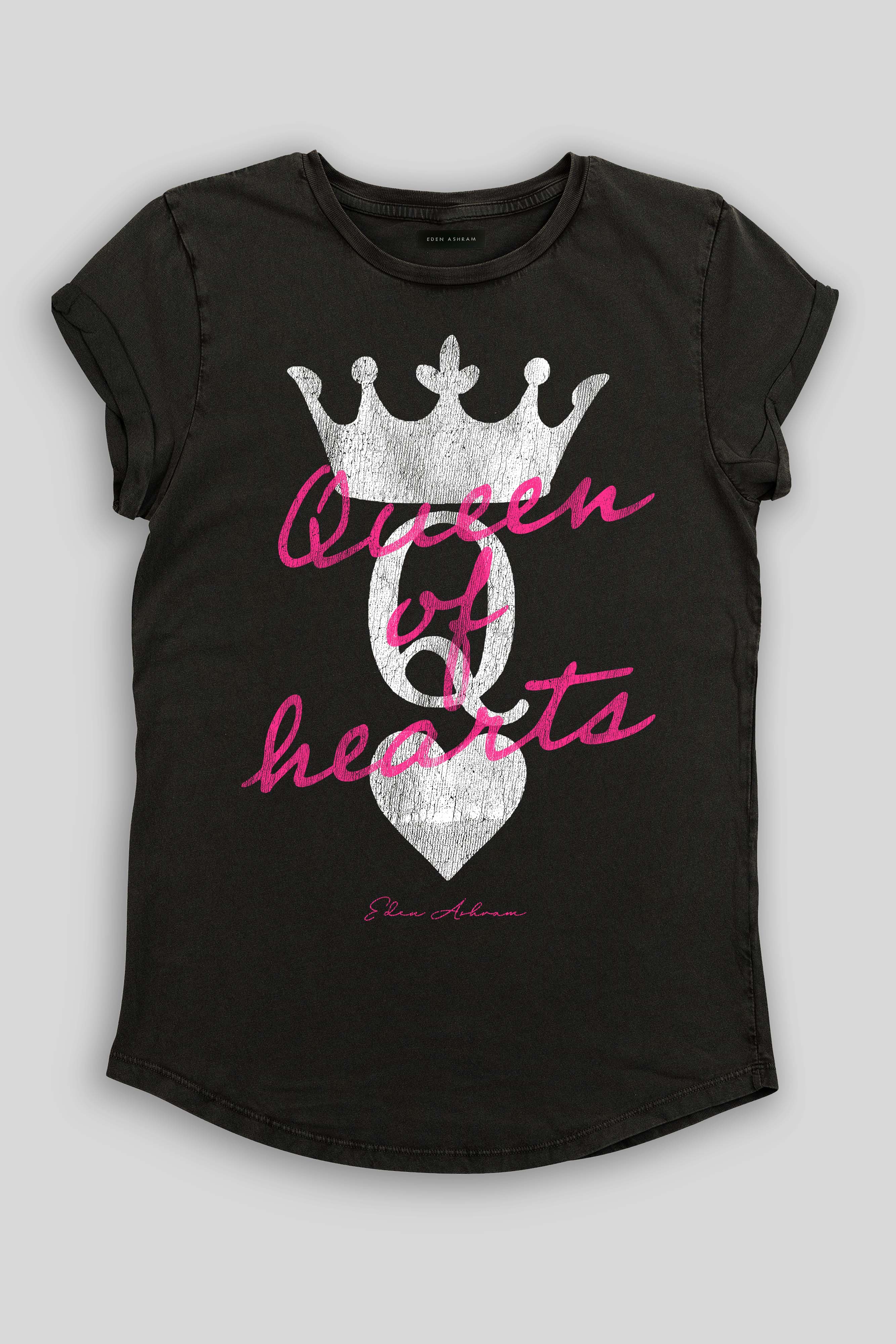 Eden Ashram Queen Of Hearts Premium Rolled Sleeve T-Shirt Stonewash Black
