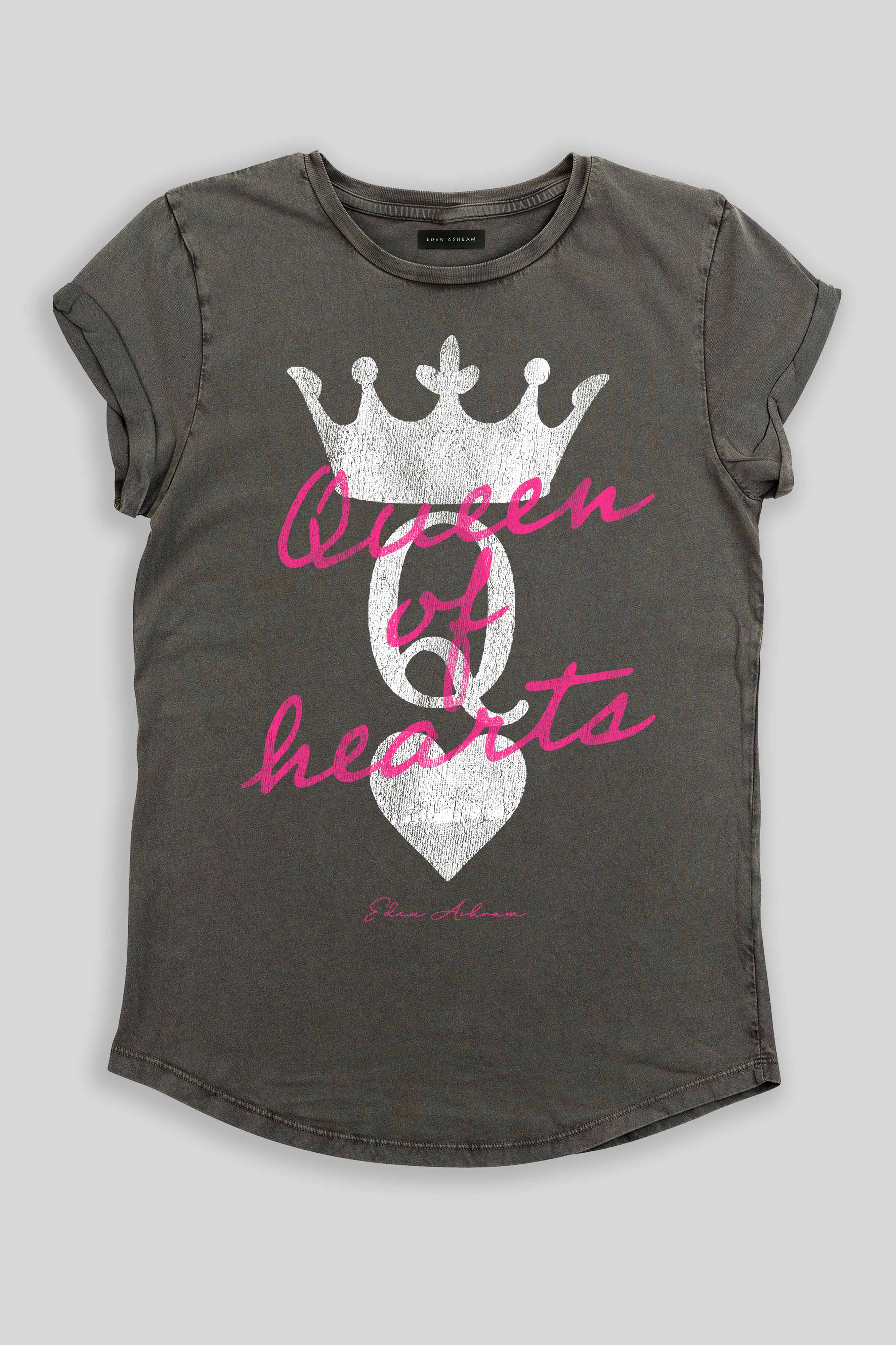 Eden Ashram Queen Of Hearts Premium Rolled Sleeve T-Shirt Stonewash Grey