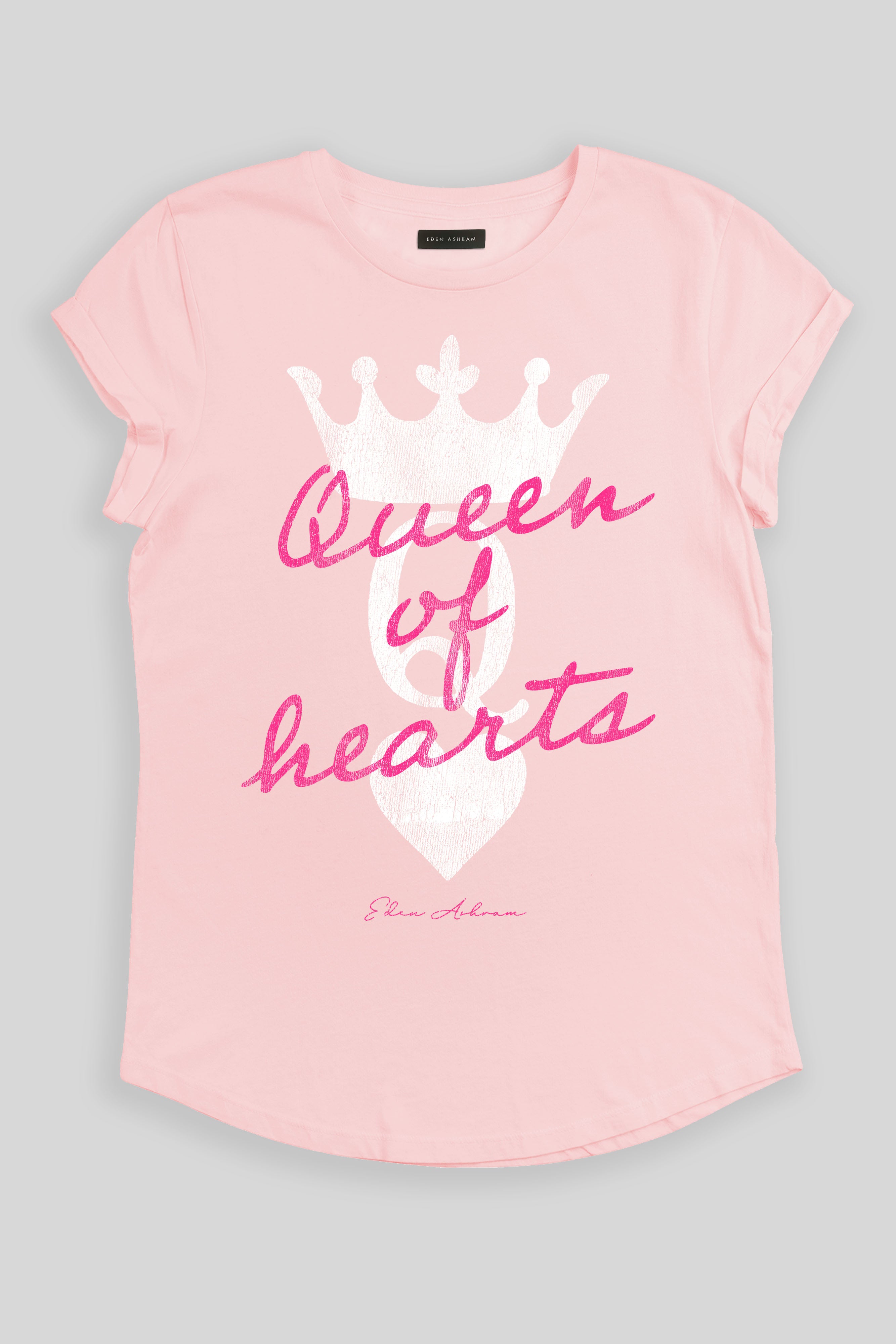 Eden Ashram Queen Of Hearts Premium Rolled Sleeve T-Shirt Stonewash Pink