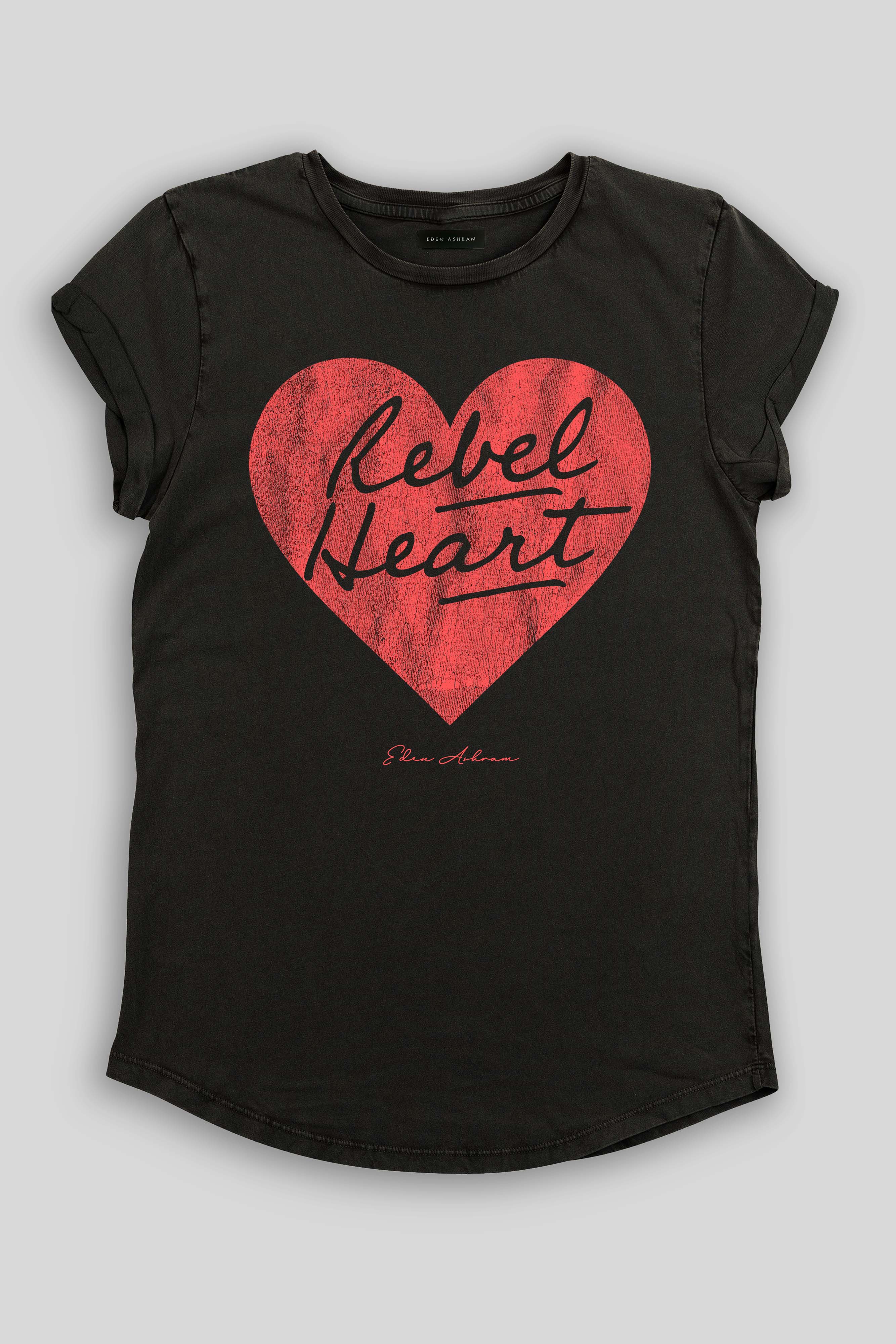 Eden Ashram Rebel Heart Premium Rolled Sleeve T-Shirt Stonewash Black