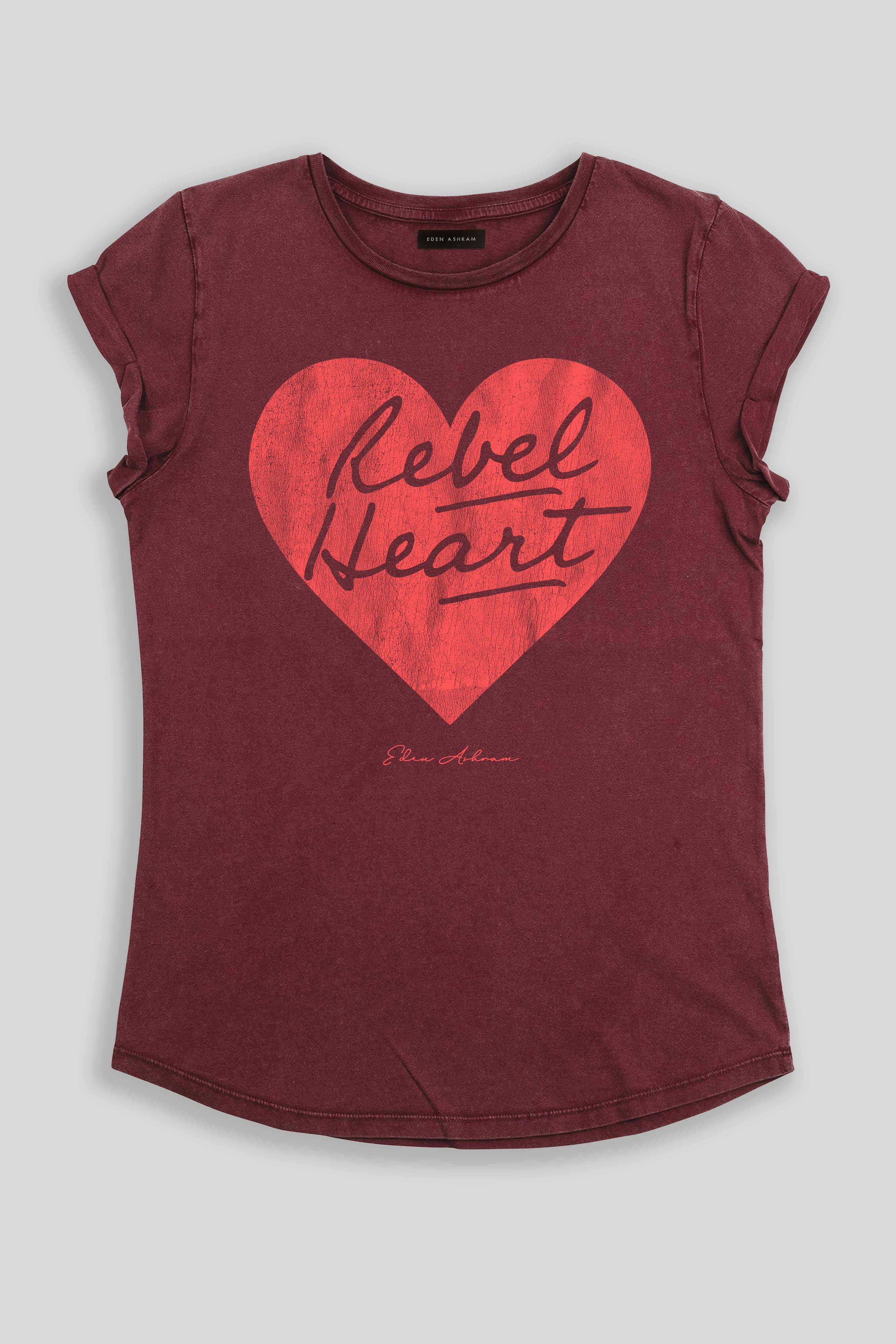 Eden Ashram Rebel Heart Premium Rolled Sleeve T-Shirt Stonewash Burgundy