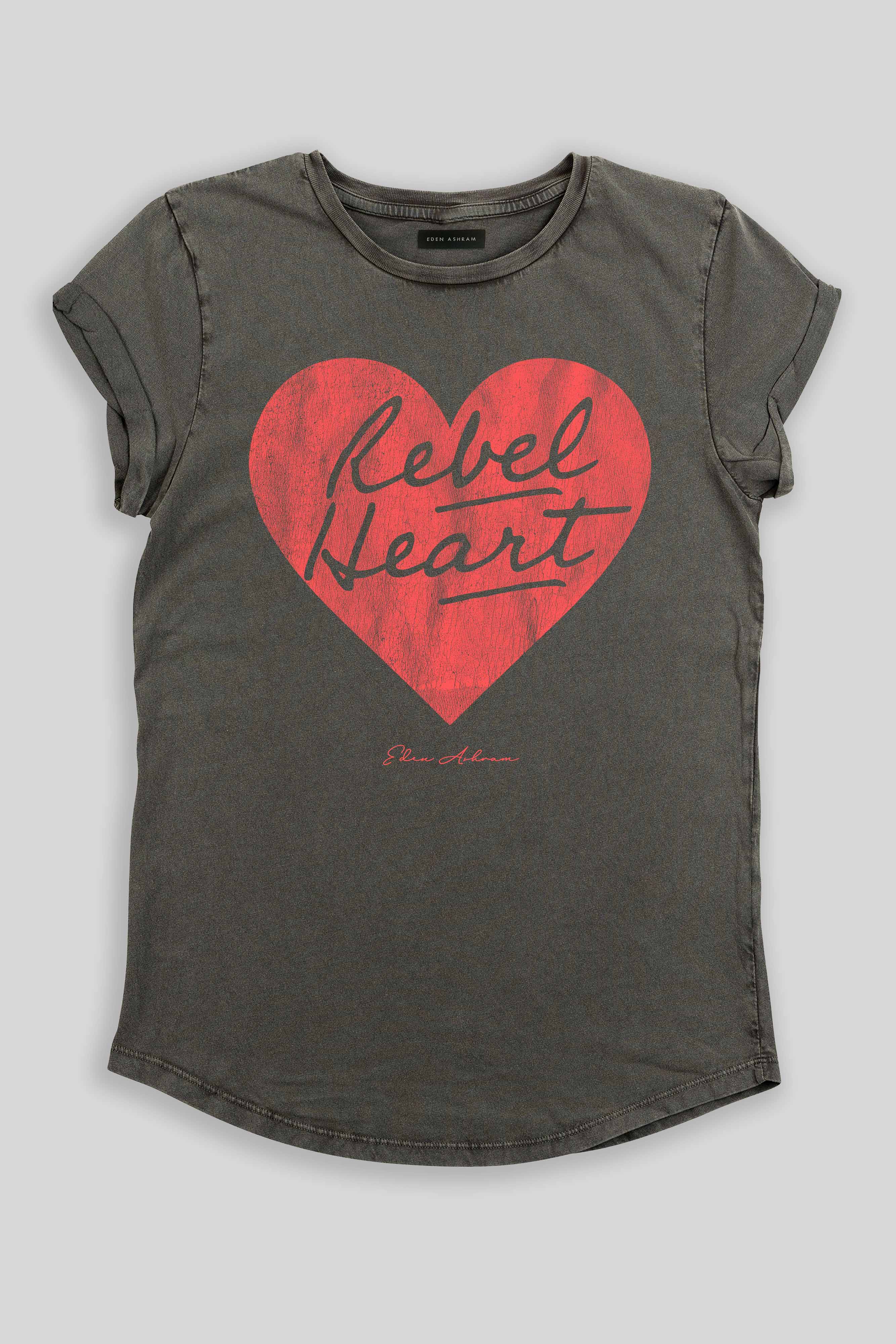 Eden Ashram Rebel Heart Premium Rolled Sleeve T-Shirt Stonewash Grey