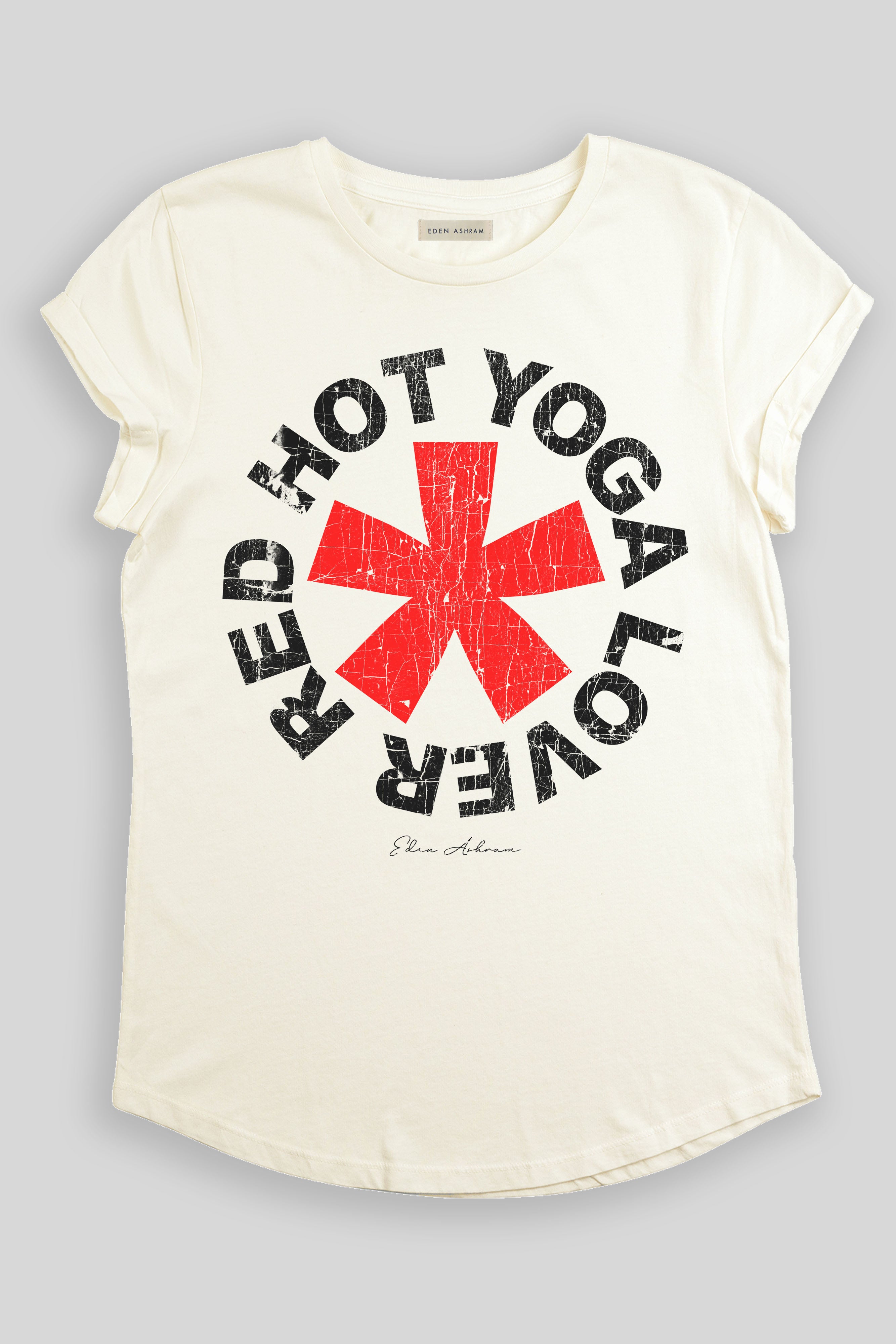 EDEN ASHRAM Red Hot Yoga Lover Premium Rolled Sleeve T-Shirt Stonewash White