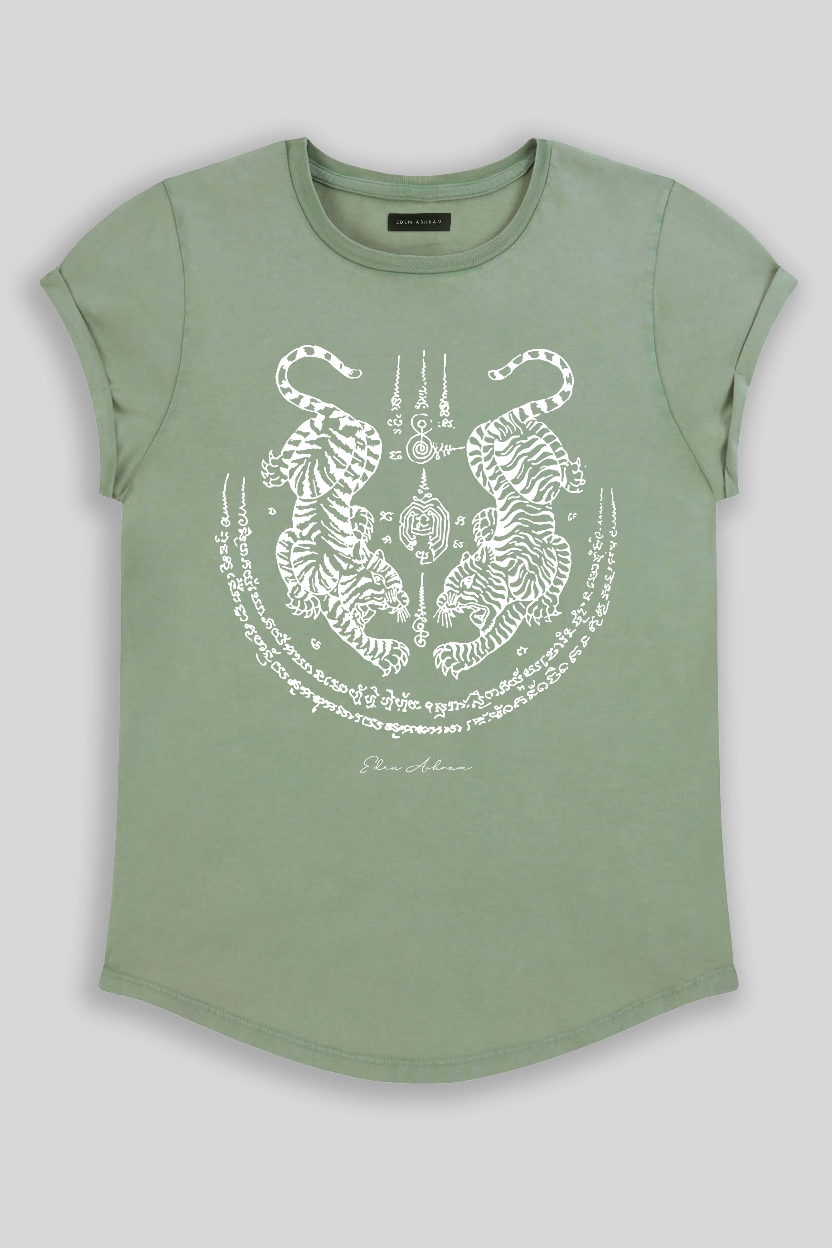 Eden Ashram Sak Yant Suea Koo (Twin Tigers) Premium Rolled Sleeve T-Shirt Stonewash Sage
