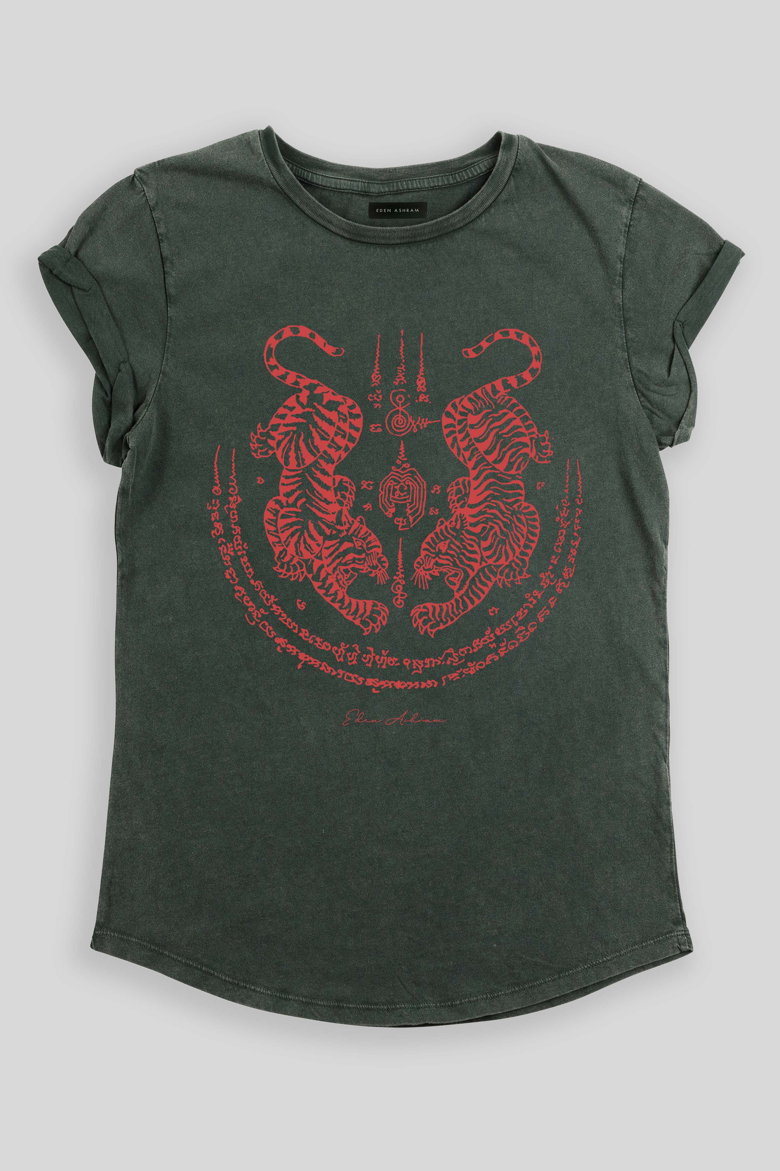 Eden Ashram Sak Yant Suea Koo (Twin Tigers) Premium Rolled Sleeve T-Shirt Stonewash Green