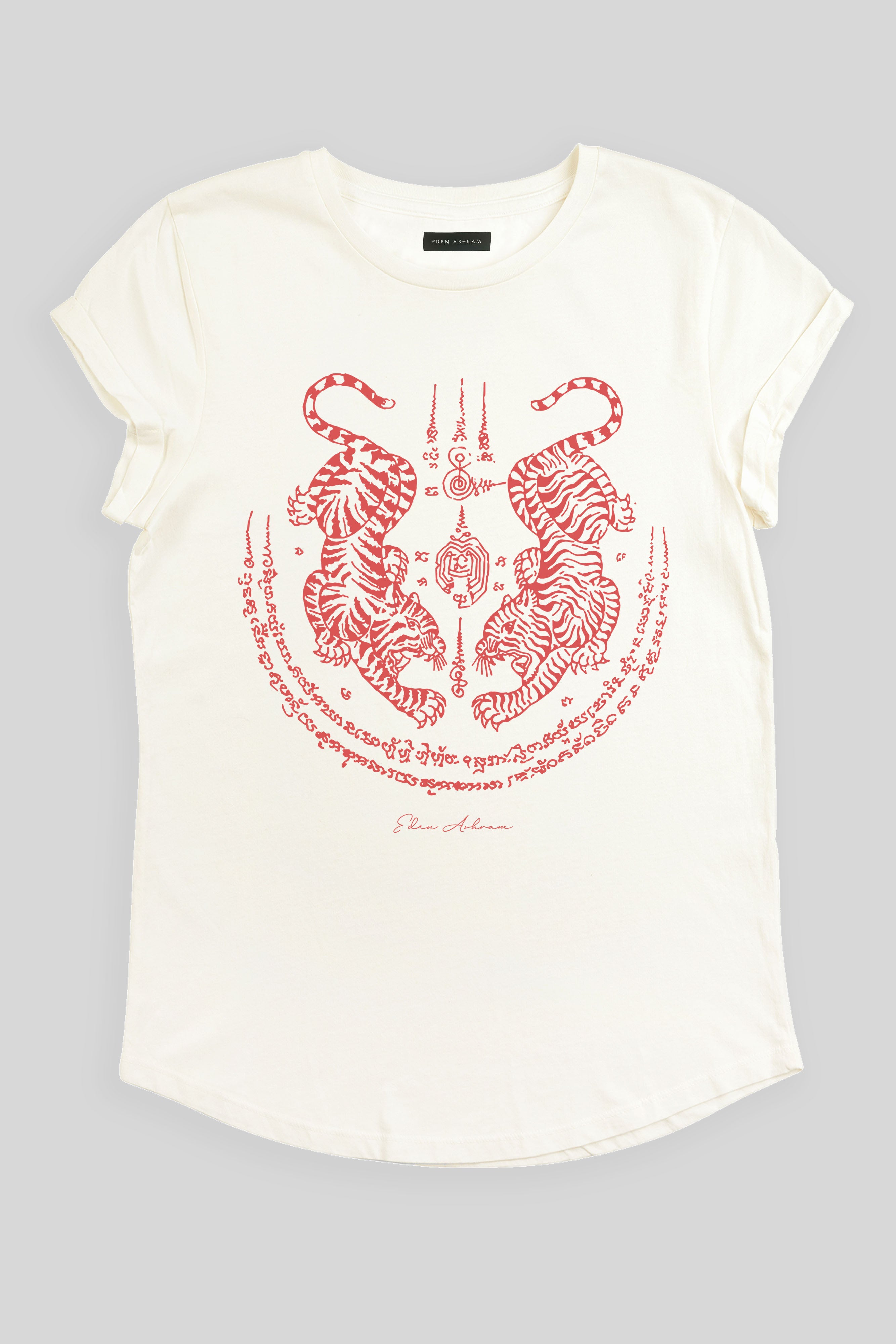 Eden Ashram Sak Yant Suea Koo (Twin Tigers) Premium Rolled Sleeve T-Shirt Stonewash White