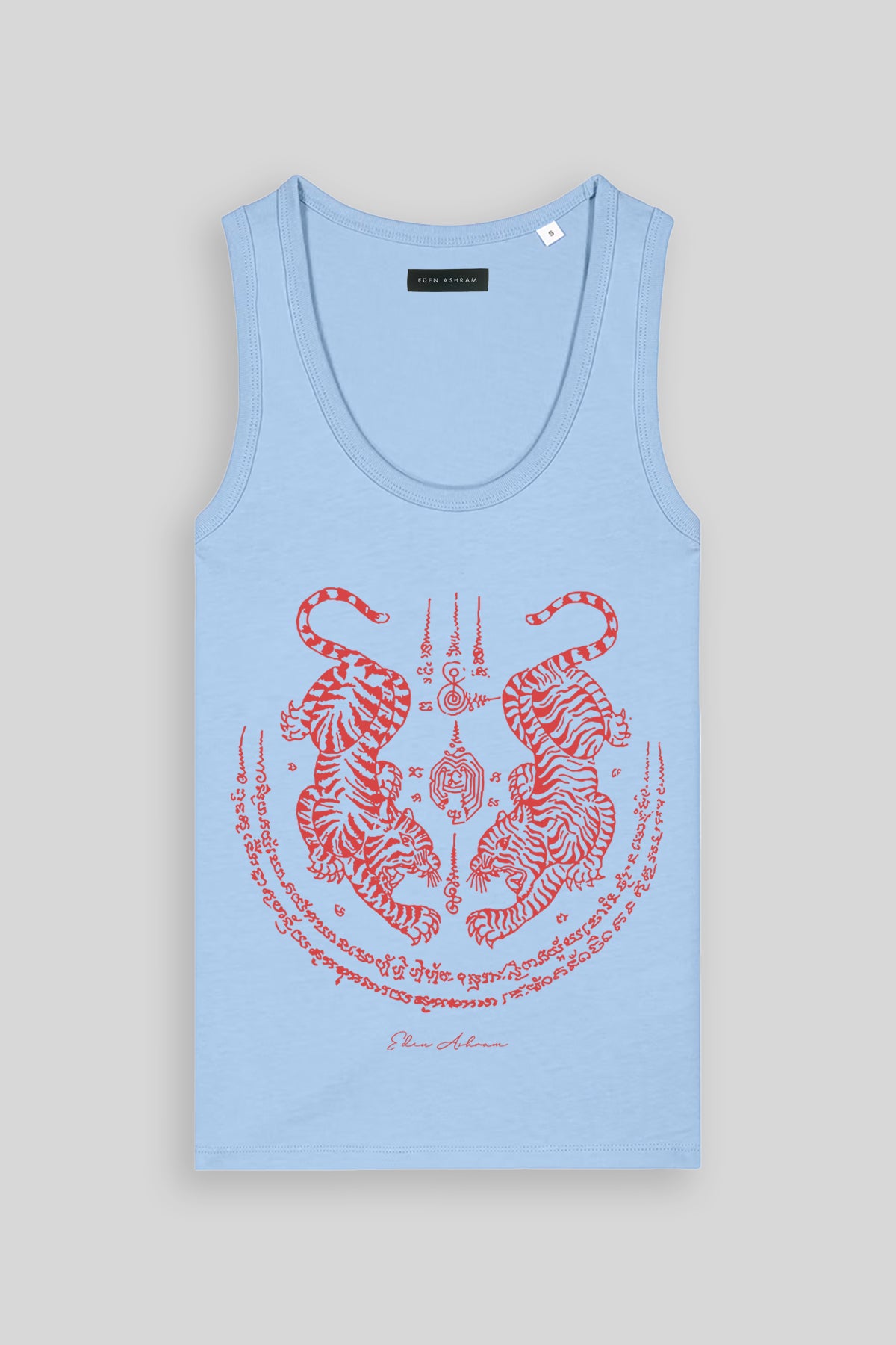 Eden Ashram Sak Yant Suea Koo (Twin Tigers) Premium Fitted Tank Top Blue Sol