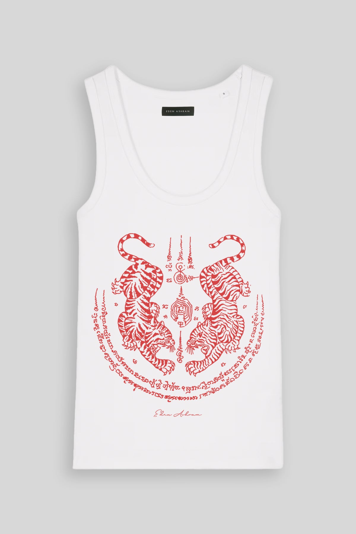 Eden Ashram Sak Yant Suea Koo (Twin Tigers) Premium Fitted Tank Top White