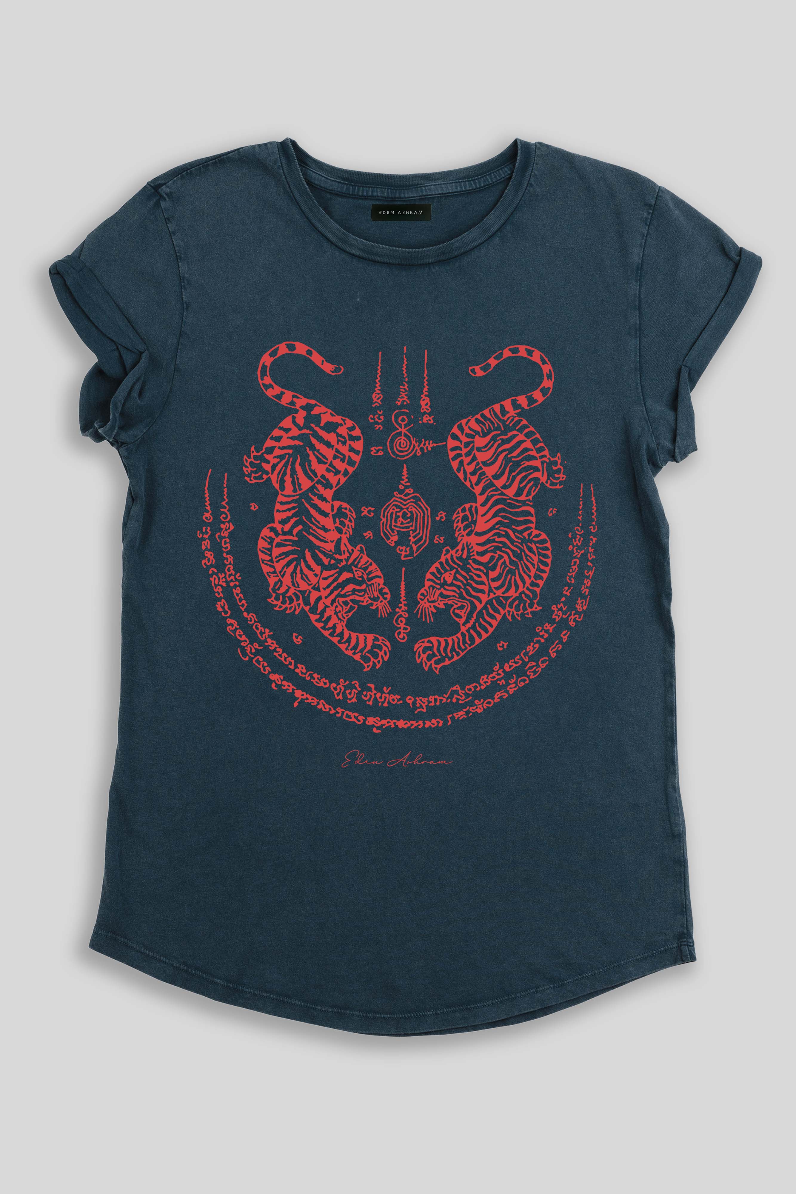 Eden Ashram Sak Yant Suea Koo (Twin Tigers) Premium Rolled Sleeve T-Shirt Stonewash Denim