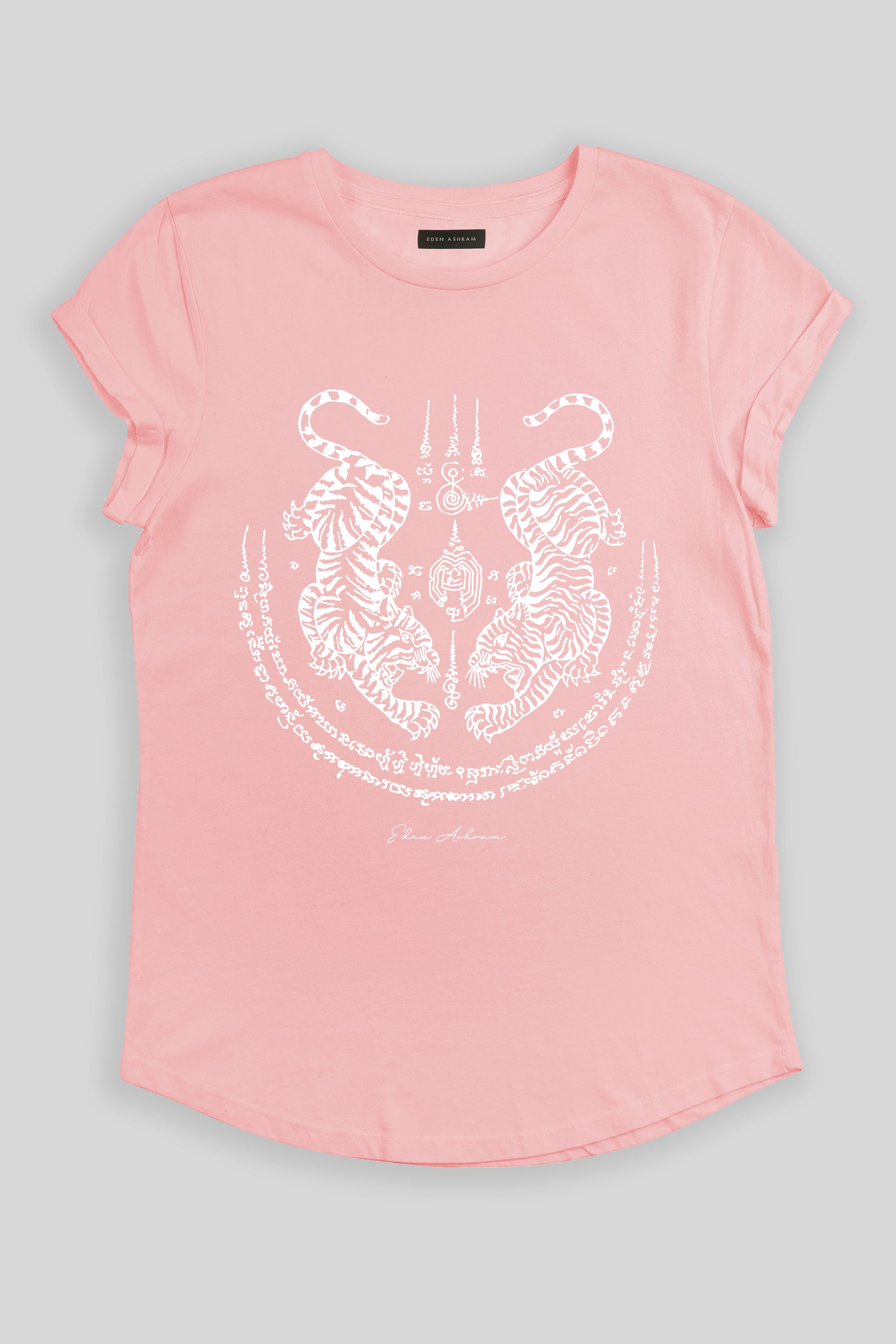 Eden Ashram Sak Yant Suea Koo (Twin Tigers) Premium Rolled Sleeve T-Shirt Stonewash Pink