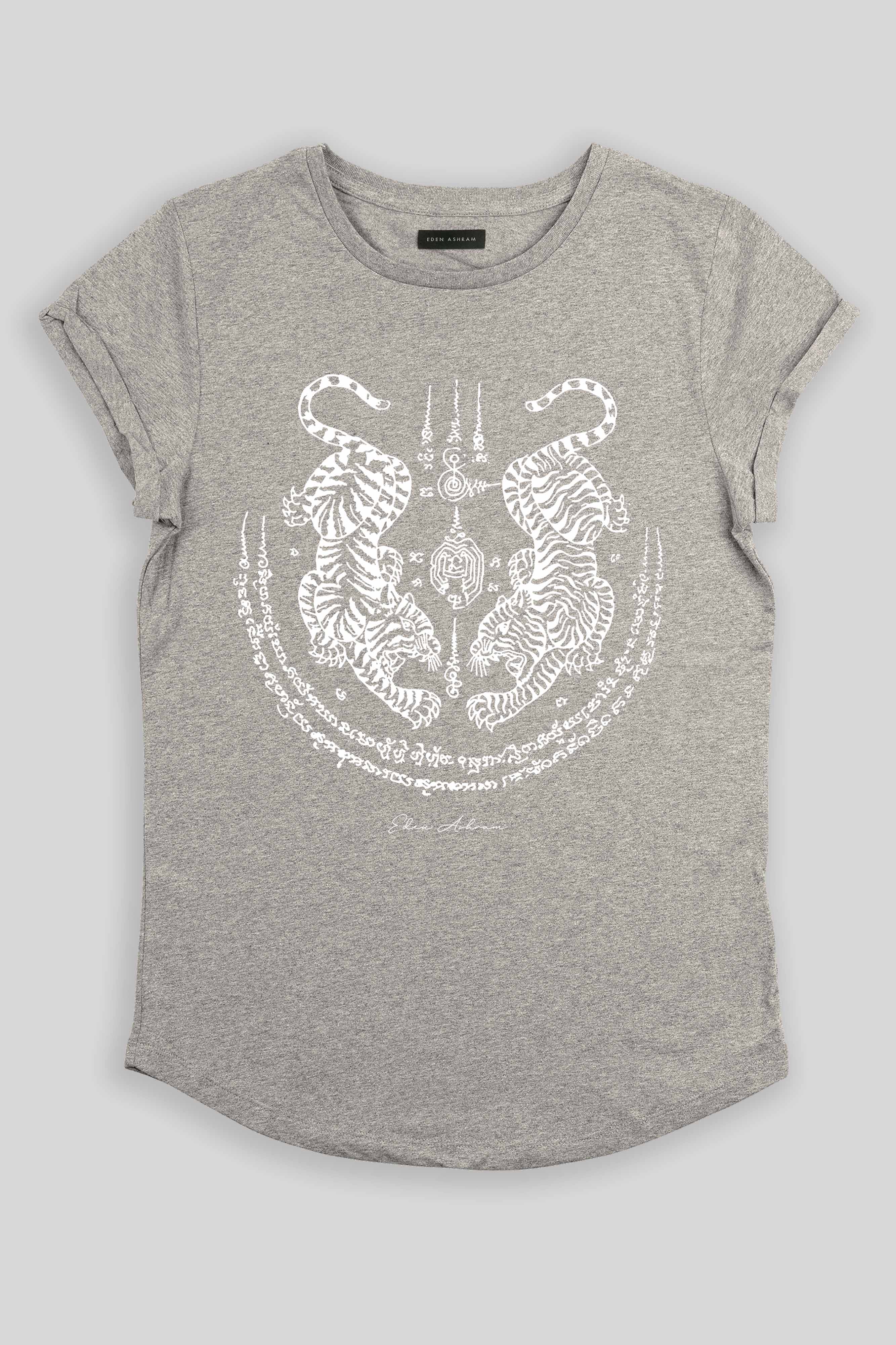 Eden Ashram Sak Yant Suea Koo (Twin Tigers) Premium Rolled Sleeve T-Shirt Heather Grey