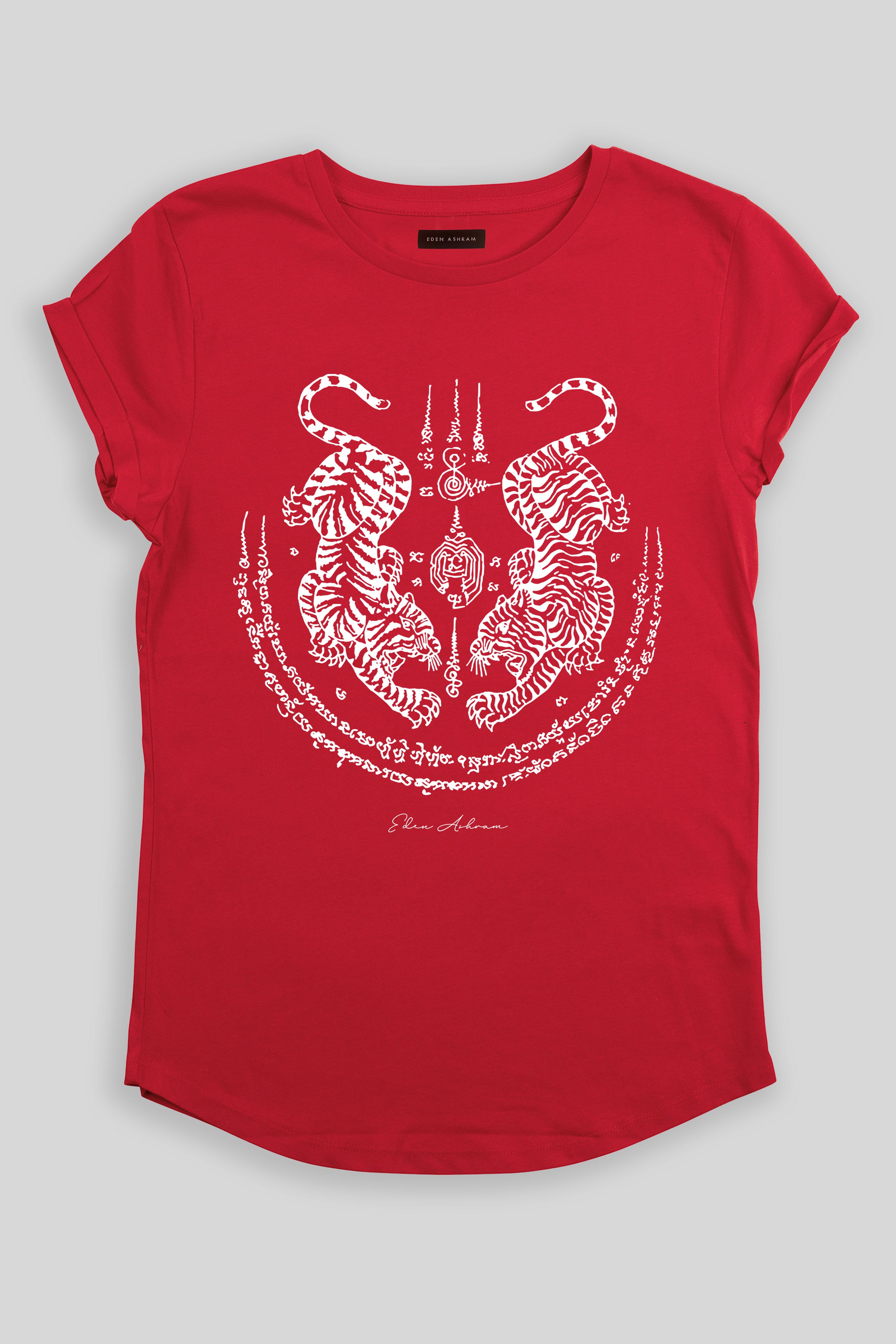 Eden Ashram Sak Yant Suea Koo (Twin Tigers) Premium Rolled Sleeve T-Shirt Red