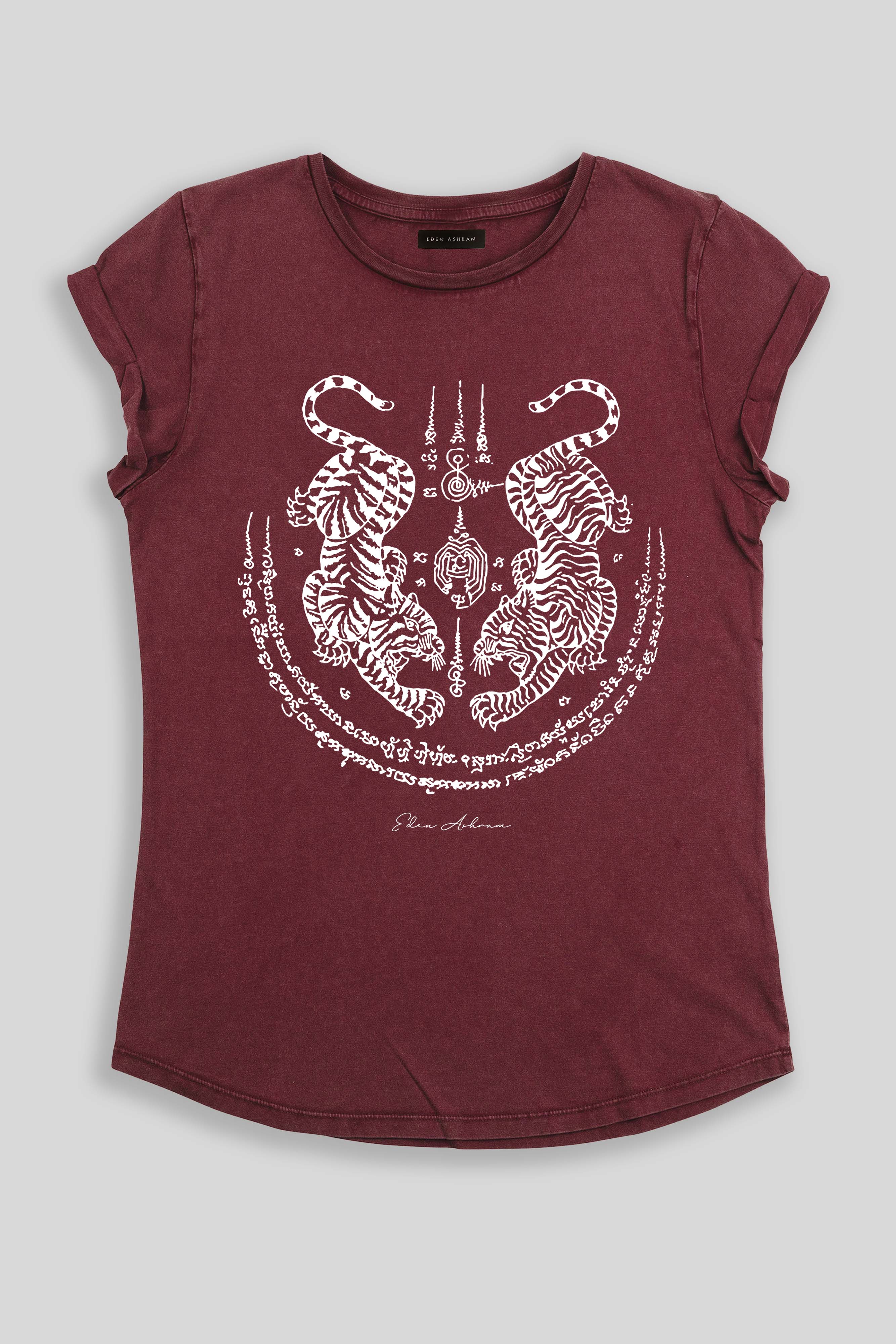 Eden Ashram Sak Yant Suea Koo (Twin Tigers) Premium Rolled Sleeve T-Shirt Stonewash Burgundy