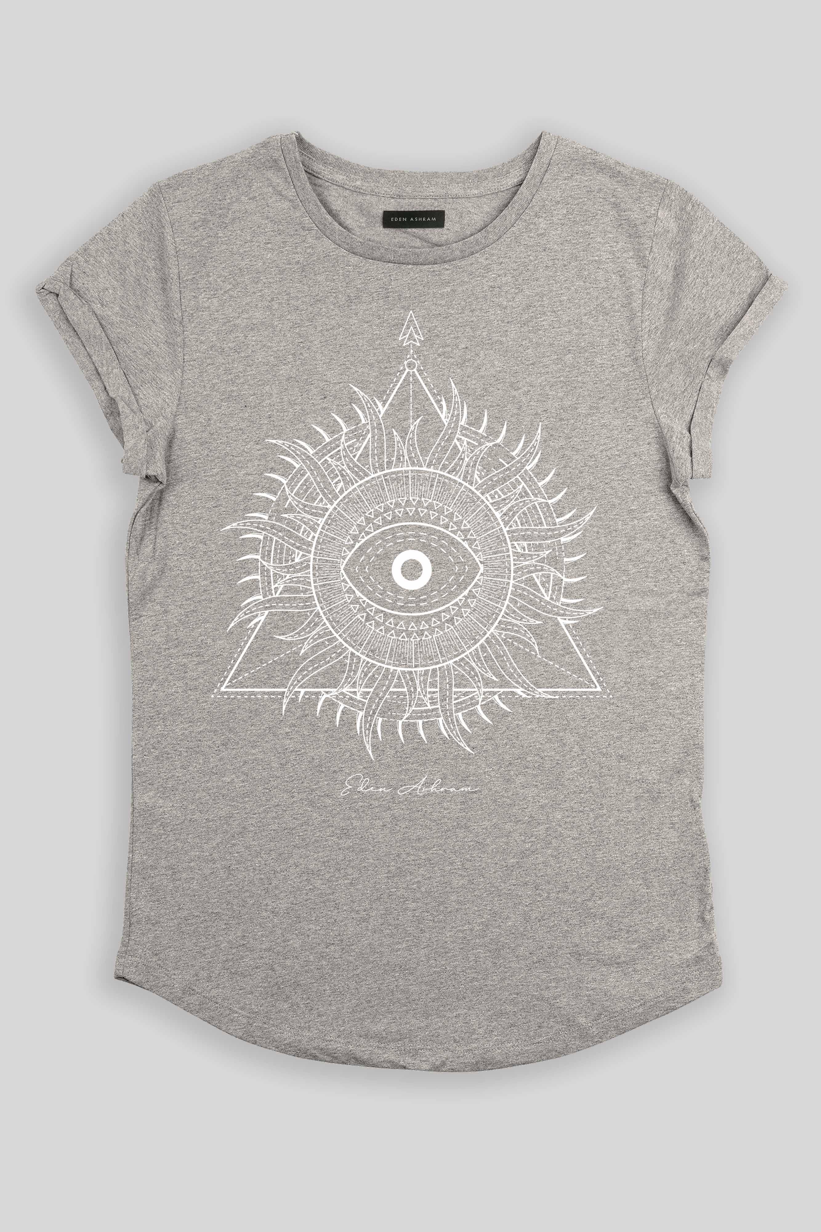 Eden Ashram Sunburst Pyramid Premium Rolled Sleeve T-Shirt Heather Grey