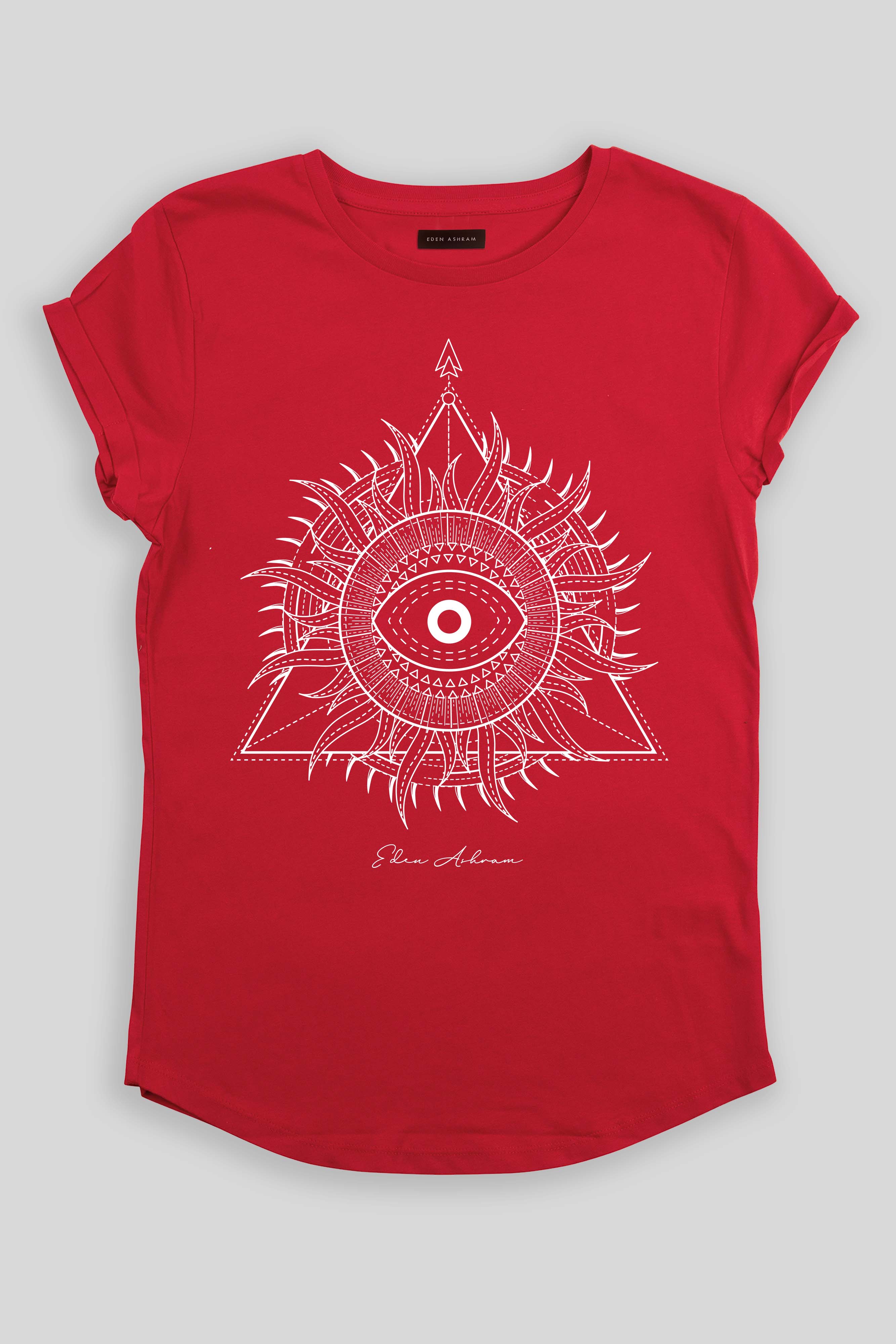 Eden Ashram Sunburst Pyramid Premium Rolled Sleeve T-Shirt Red
