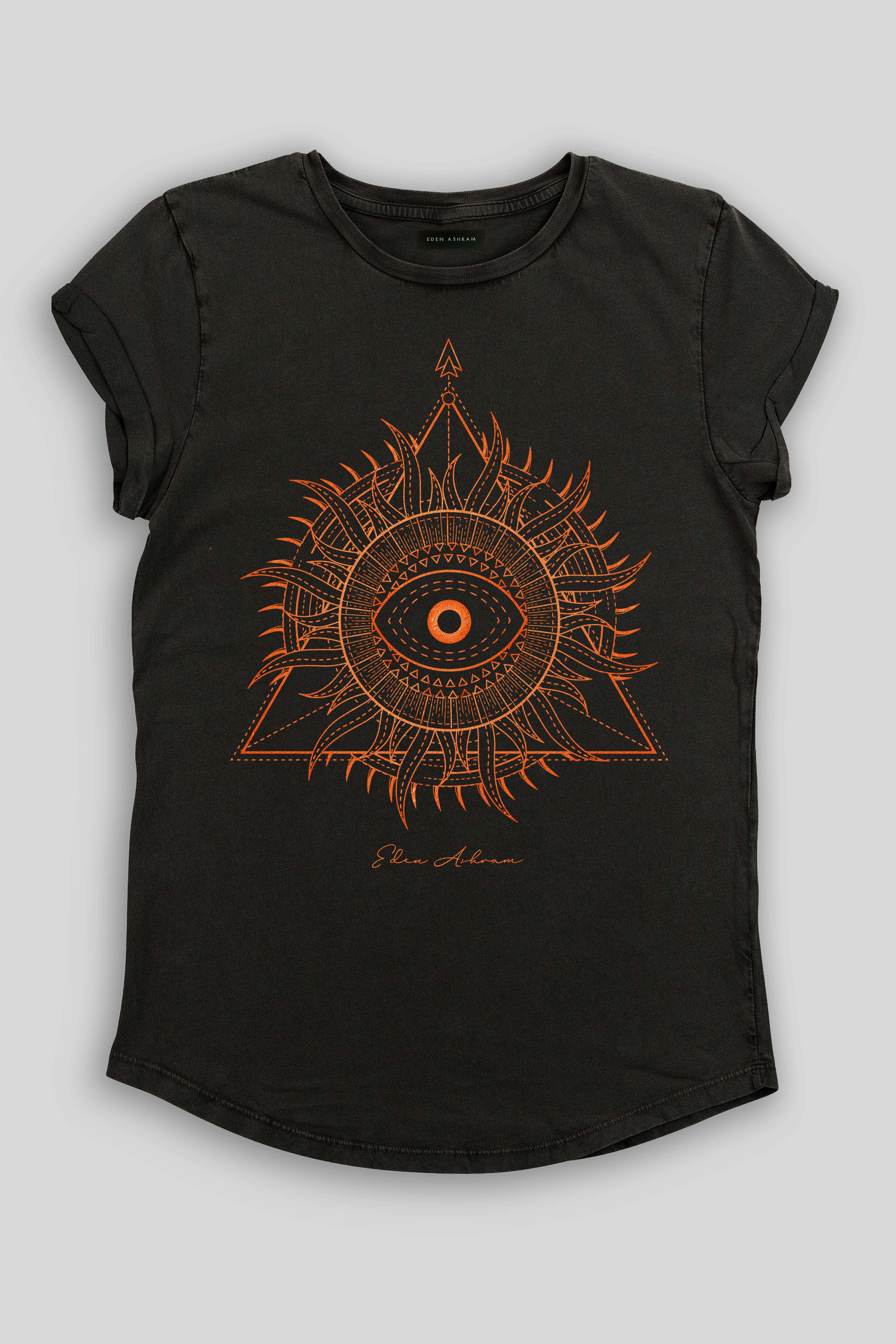 Eden Ashram Sunburst Pyramid Premium Rolled Sleeve T-Shirt Stonewash Black