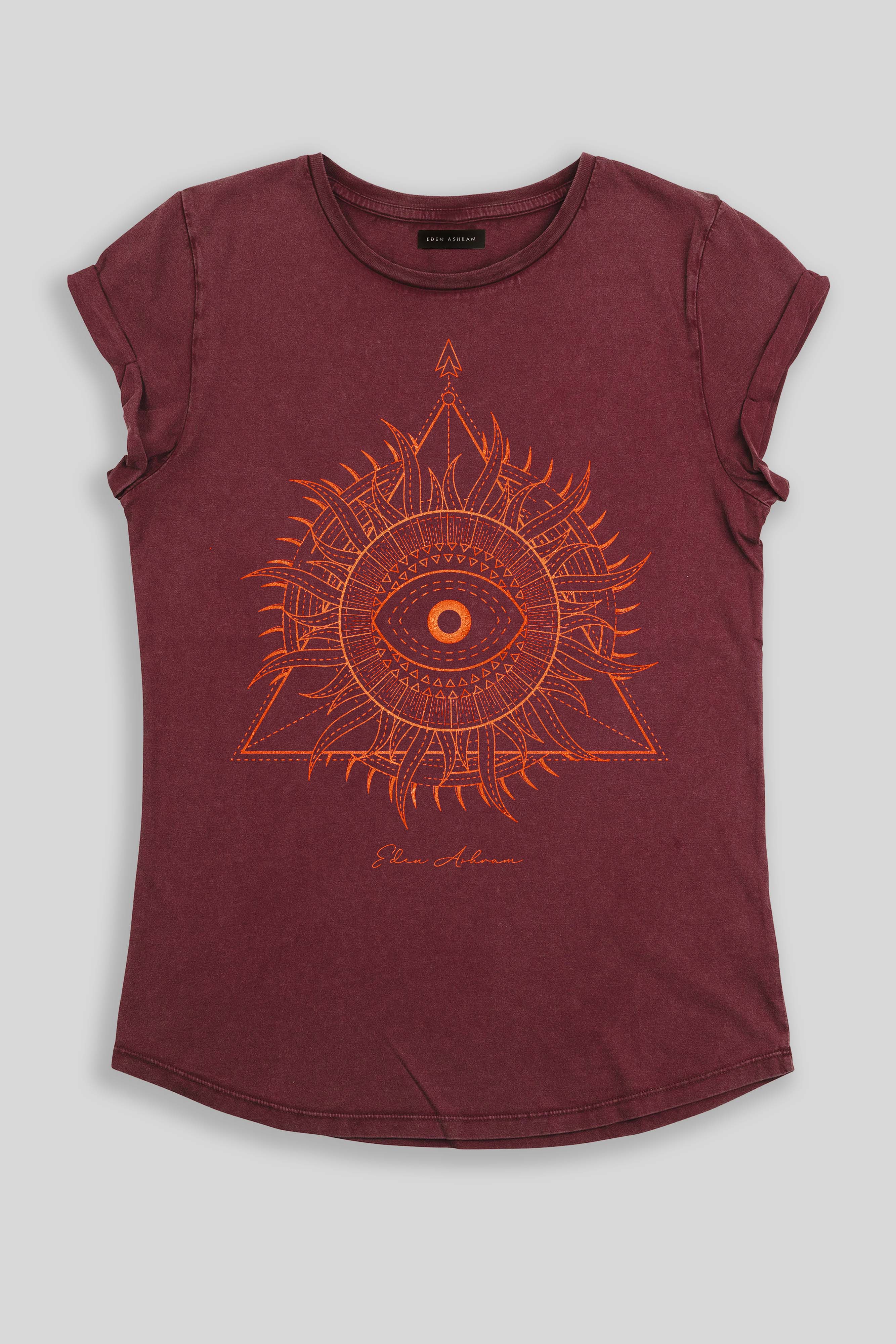 Eden Ashram Sunburst Pyramid Premium Rolled Sleeve T-Shirt Stonewash Burgundy