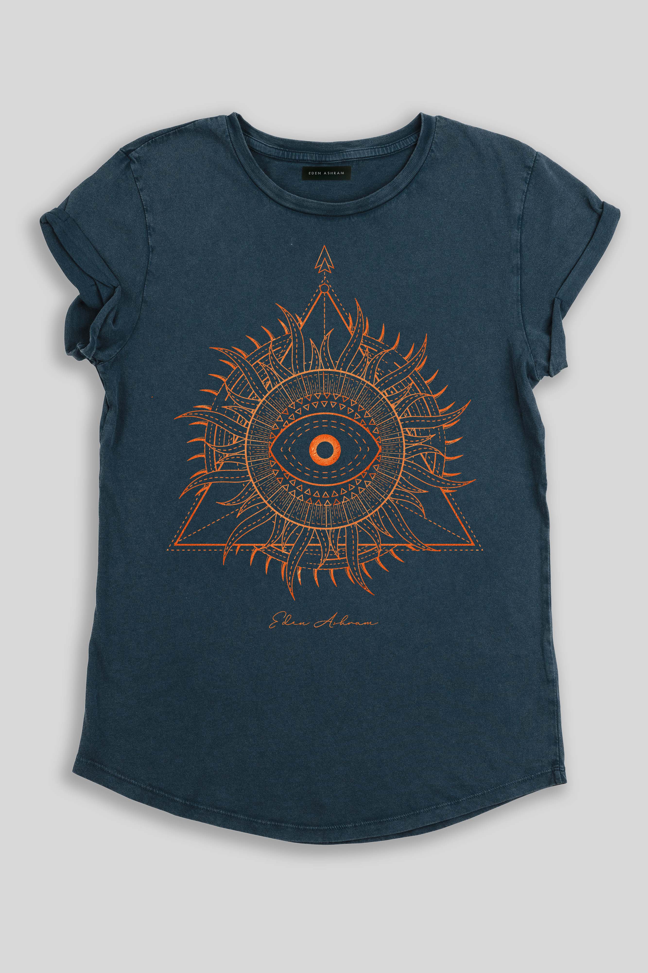 Eden Ashram Sunburst Pyramid Premium Rolled Sleeve T-Shirt Stonewash Denim