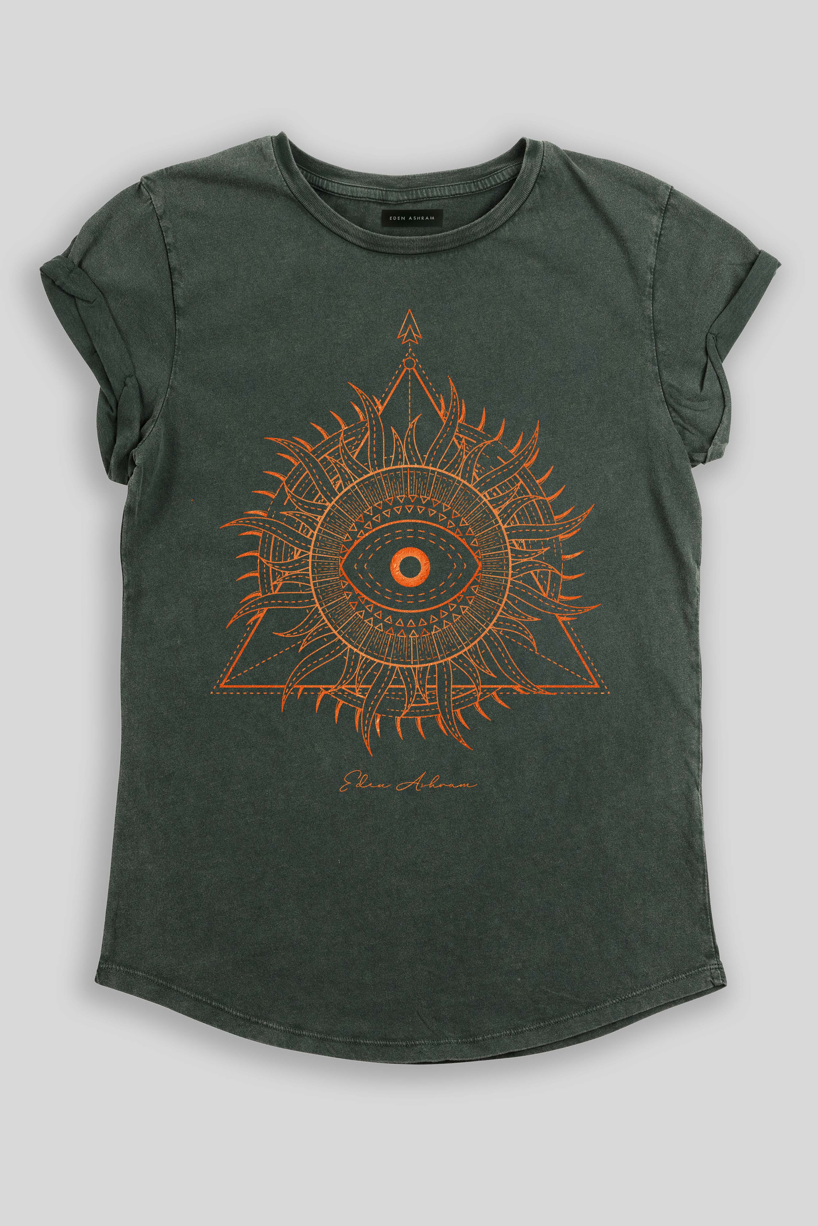 Eden Ashram Sunburst Pyramid Premium Rolled Sleeve T-Shirt Stonewash Green
