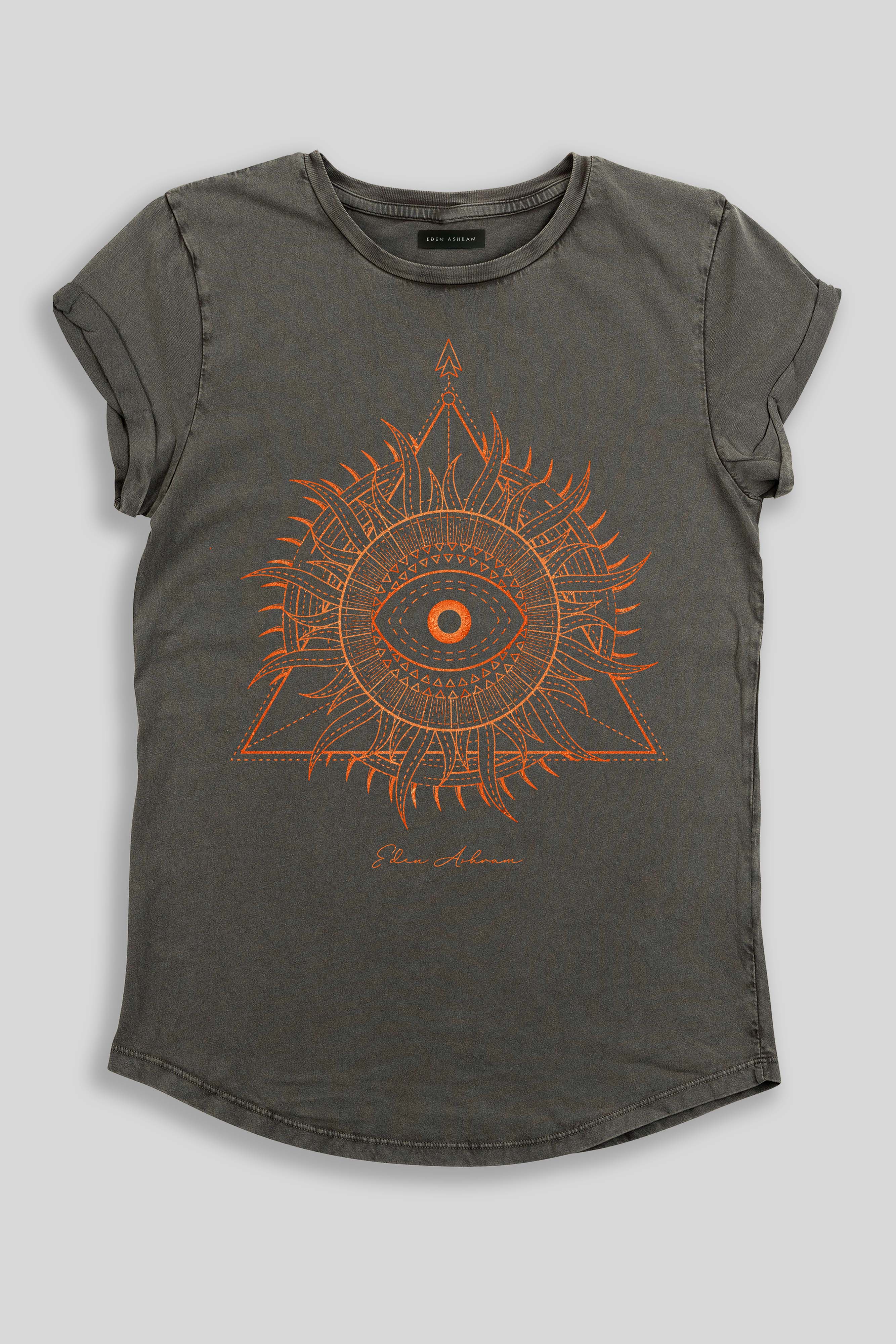 Eden Ashram Sunburst Pyramid Premium Rolled Sleeve T-Shirt Stonewash Grey