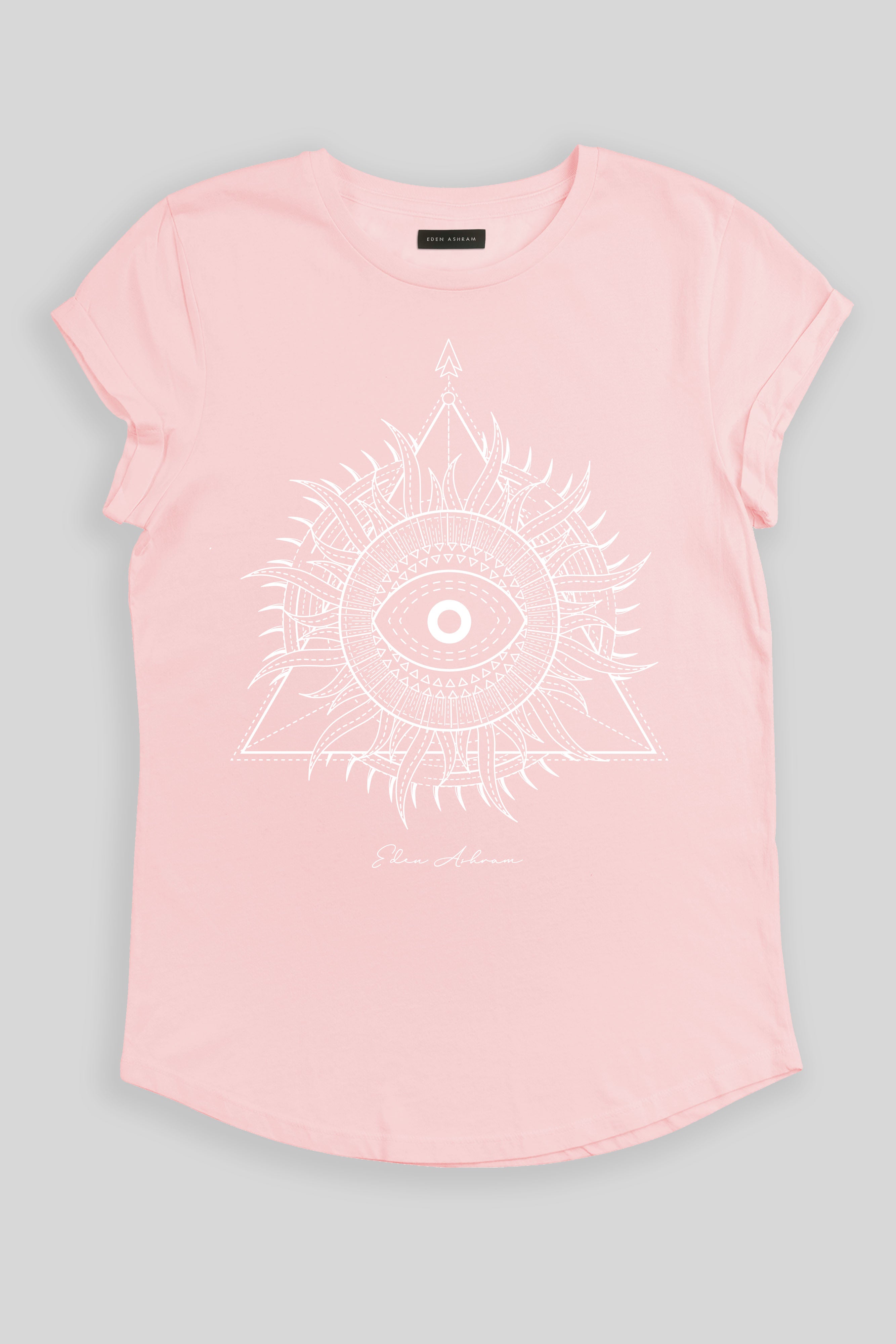 Eden Ashram Sunburst Pyramid Premium Rolled Sleeve T-Shirt Stonewash Pink