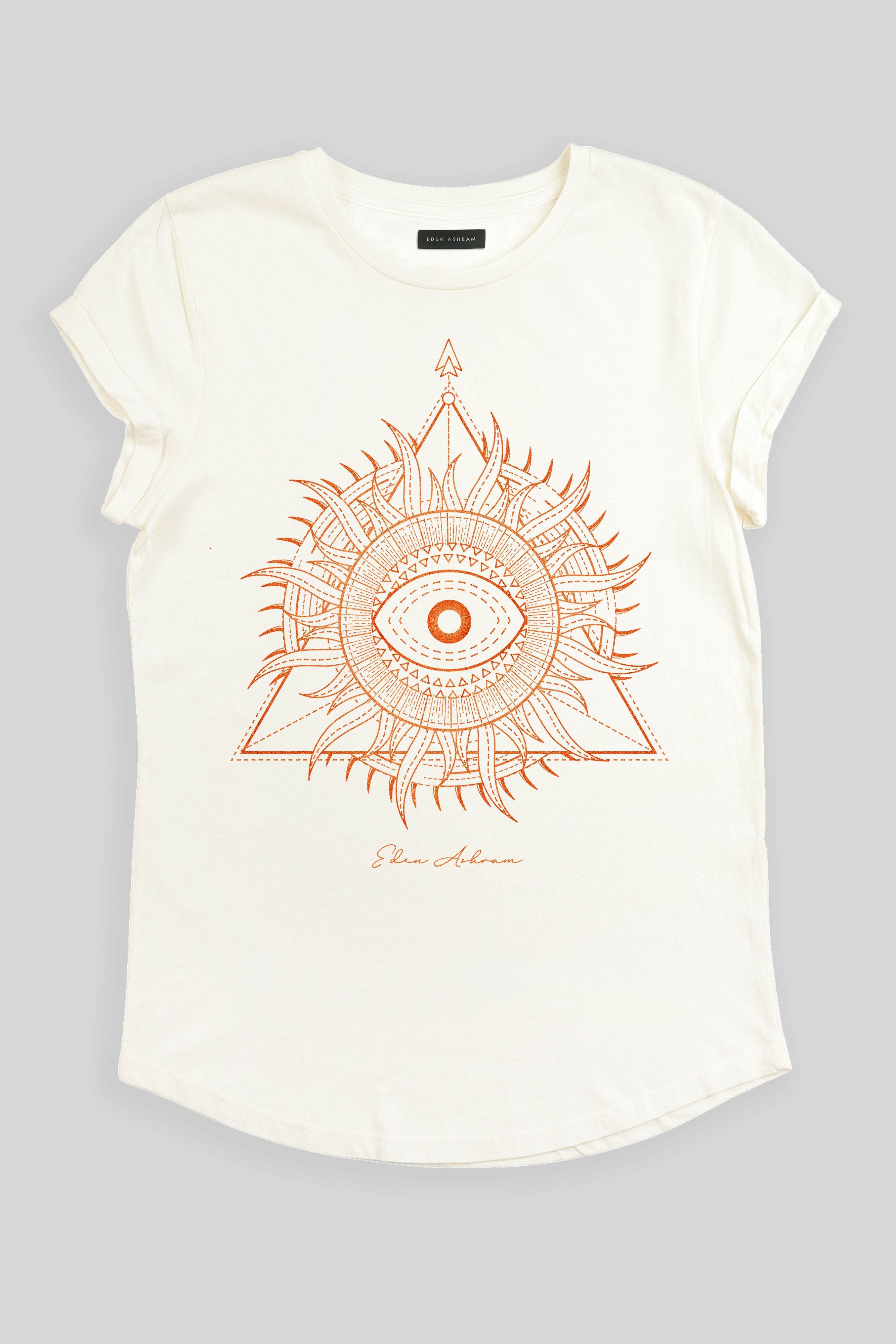 Eden Ashram Sunburst Pyramid Premium Rolled Sleeve T-Shirt Stonewash White