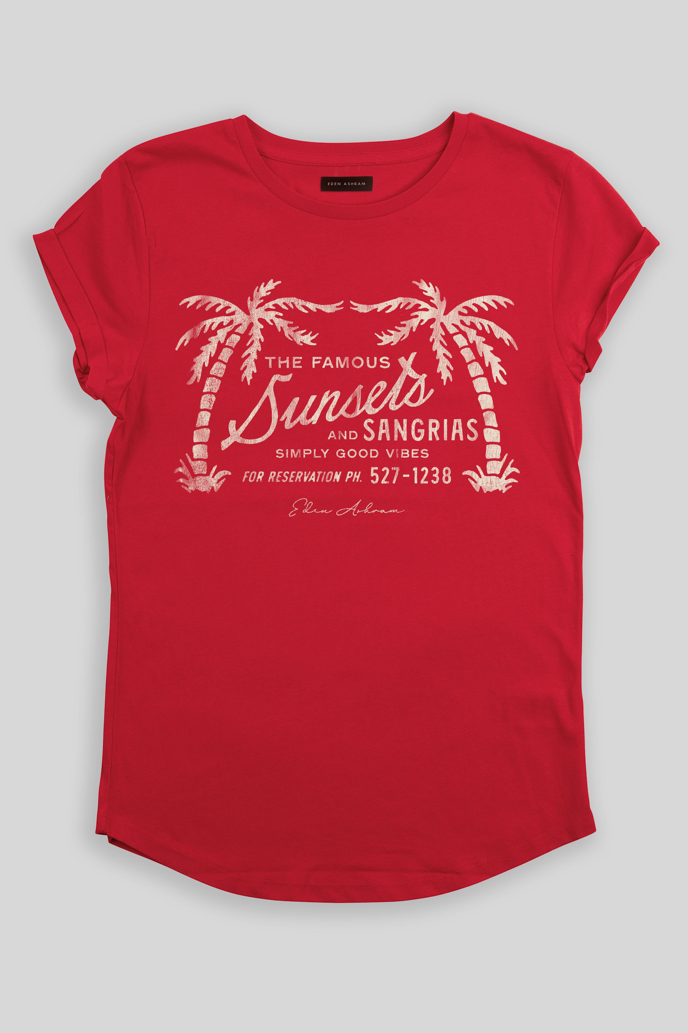 Eden Ashram The Famous Sunsets and Sangrias Premium Rolled Sleeve T-Shirt Red
