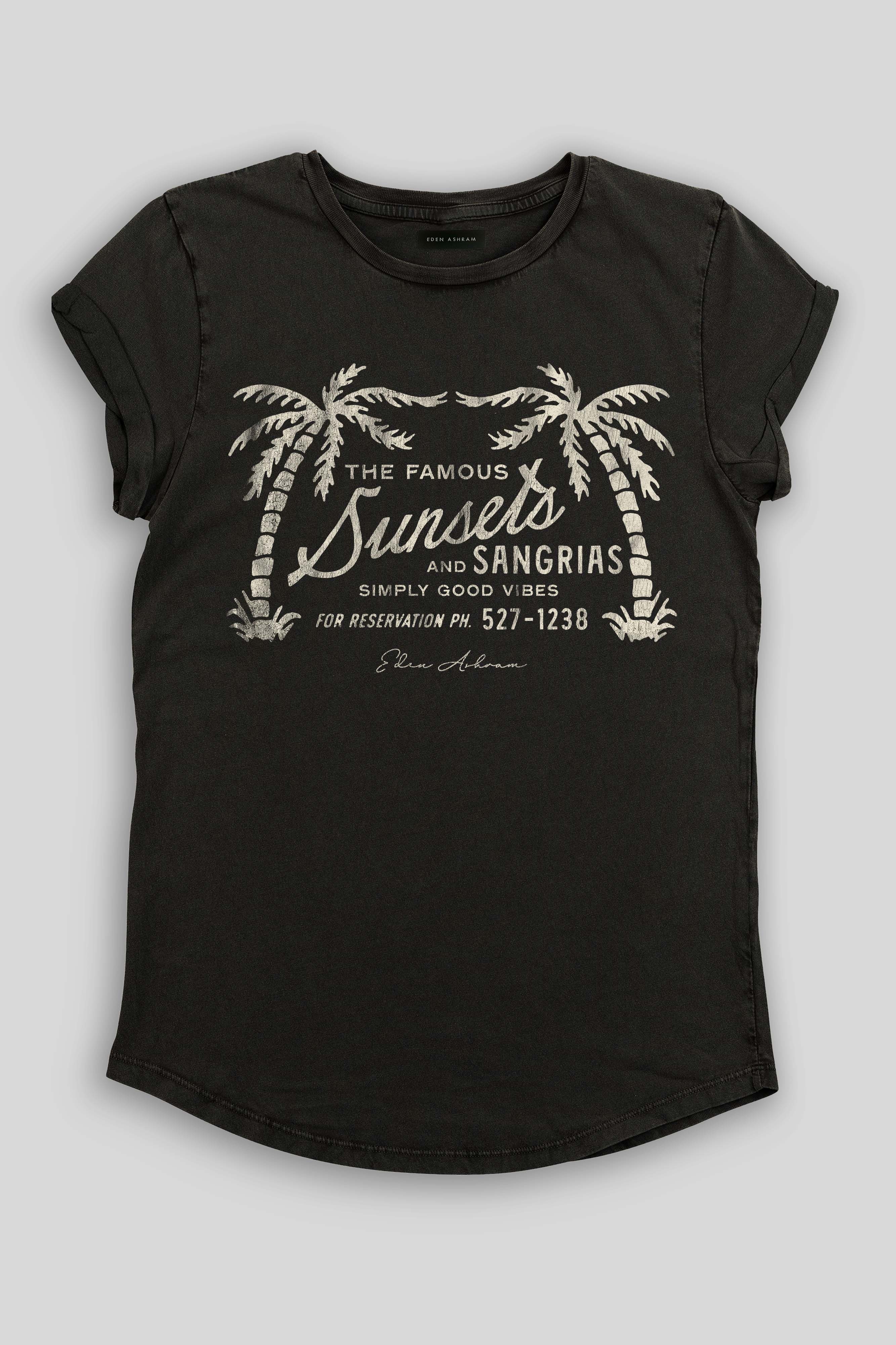 Eden Ashram The Famous Sunsets and Sangrias Premium Rolled Sleeve T-Shirt Stonewash Black