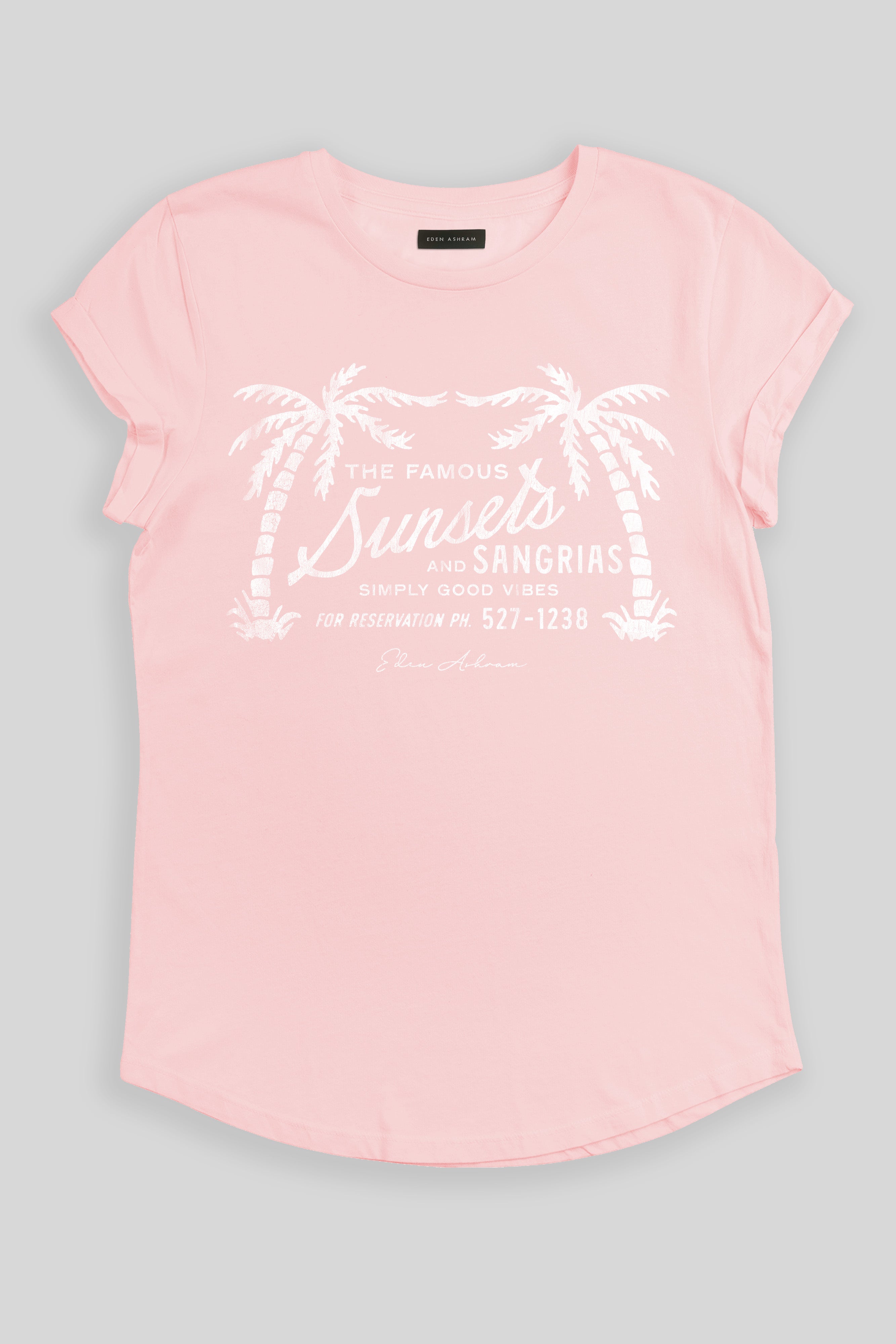 Eden Ashram The Famous Sunsets and Sangrias Premium Rolled Sleeve T-Shirt Stonewash Pink