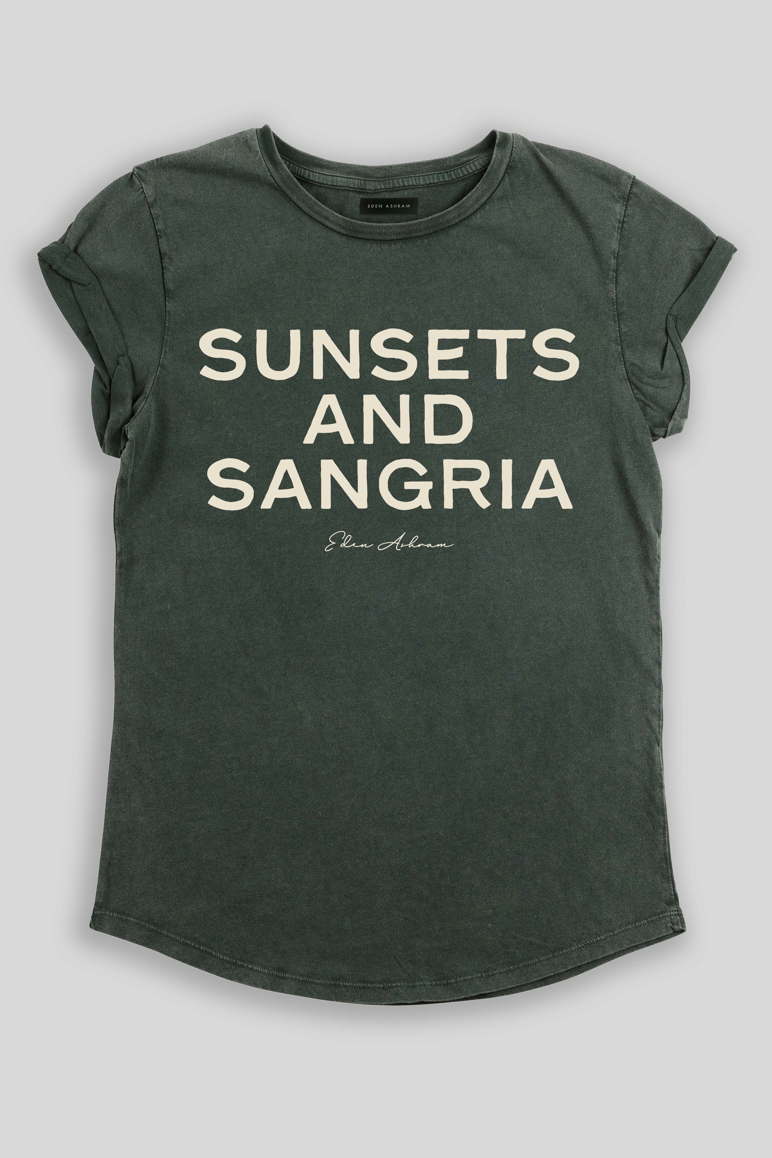 Eden Ashram Sunsets and Sangria Premium Rolled Sleeve T-Shirt Stonewash Green