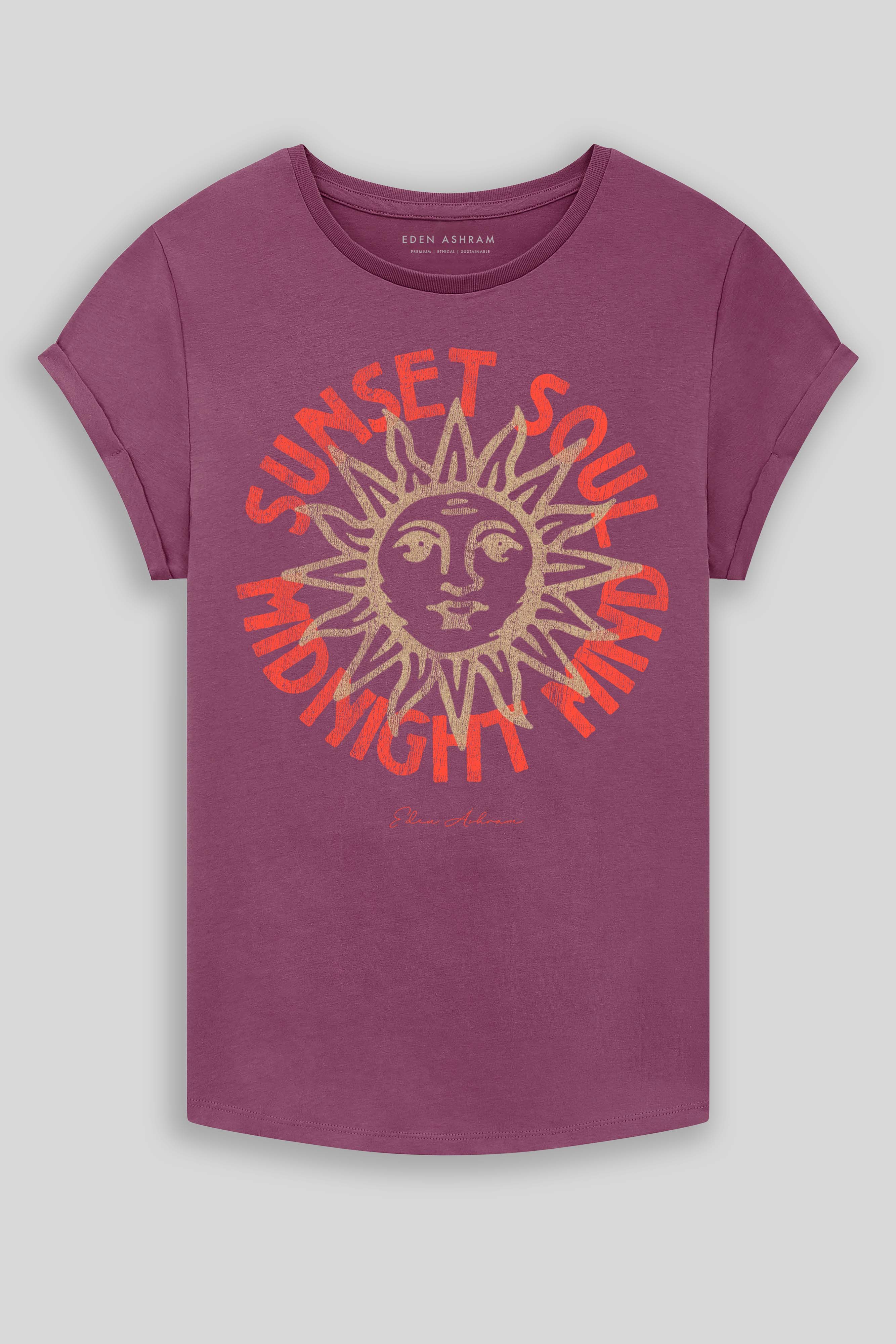 Eden Ashram Sunset Soul - Midnight Mind Premium Rolled Sleeve T-Shirt Faded Burgundy