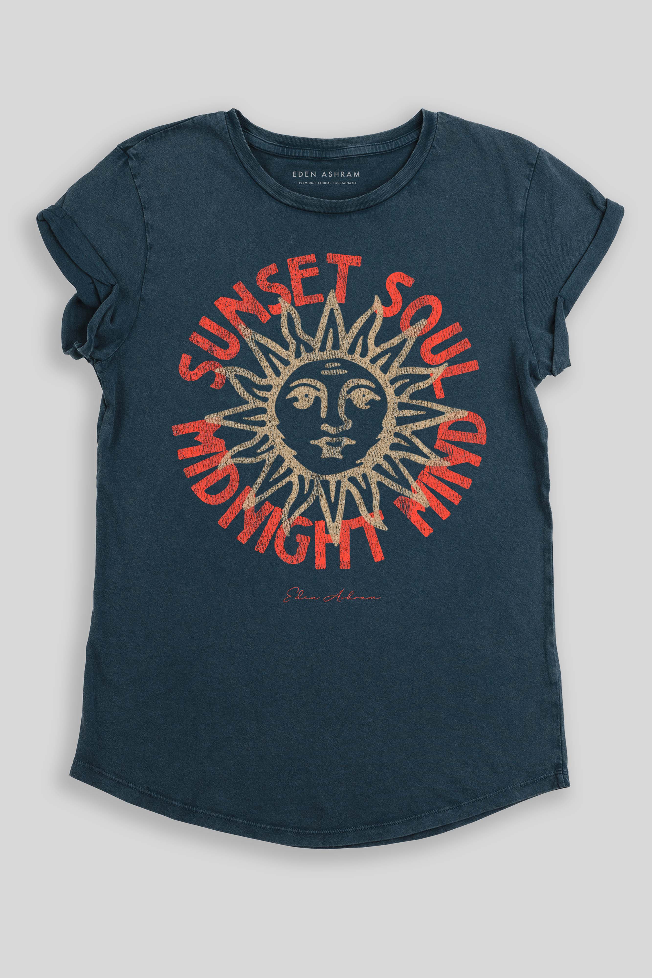 Eden Ashram Sunset Soul - Midnight Mind Premium Rolled Sleeve T-Shirt Stonewash Denim