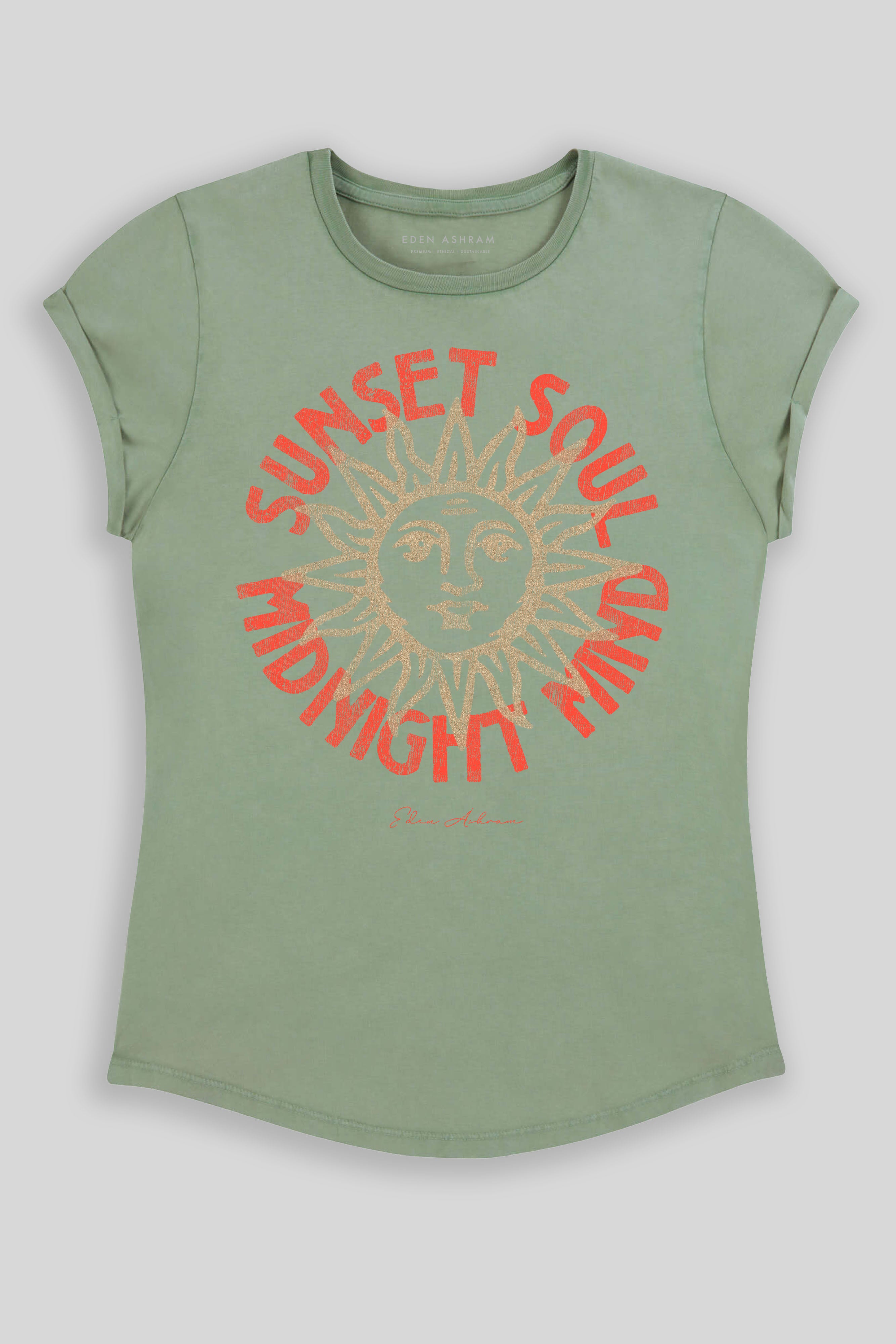 Eden Ashram Sunset Soul - Midnight Mind Premium Rolled Sleeve T-Shirt Stonewash Sage