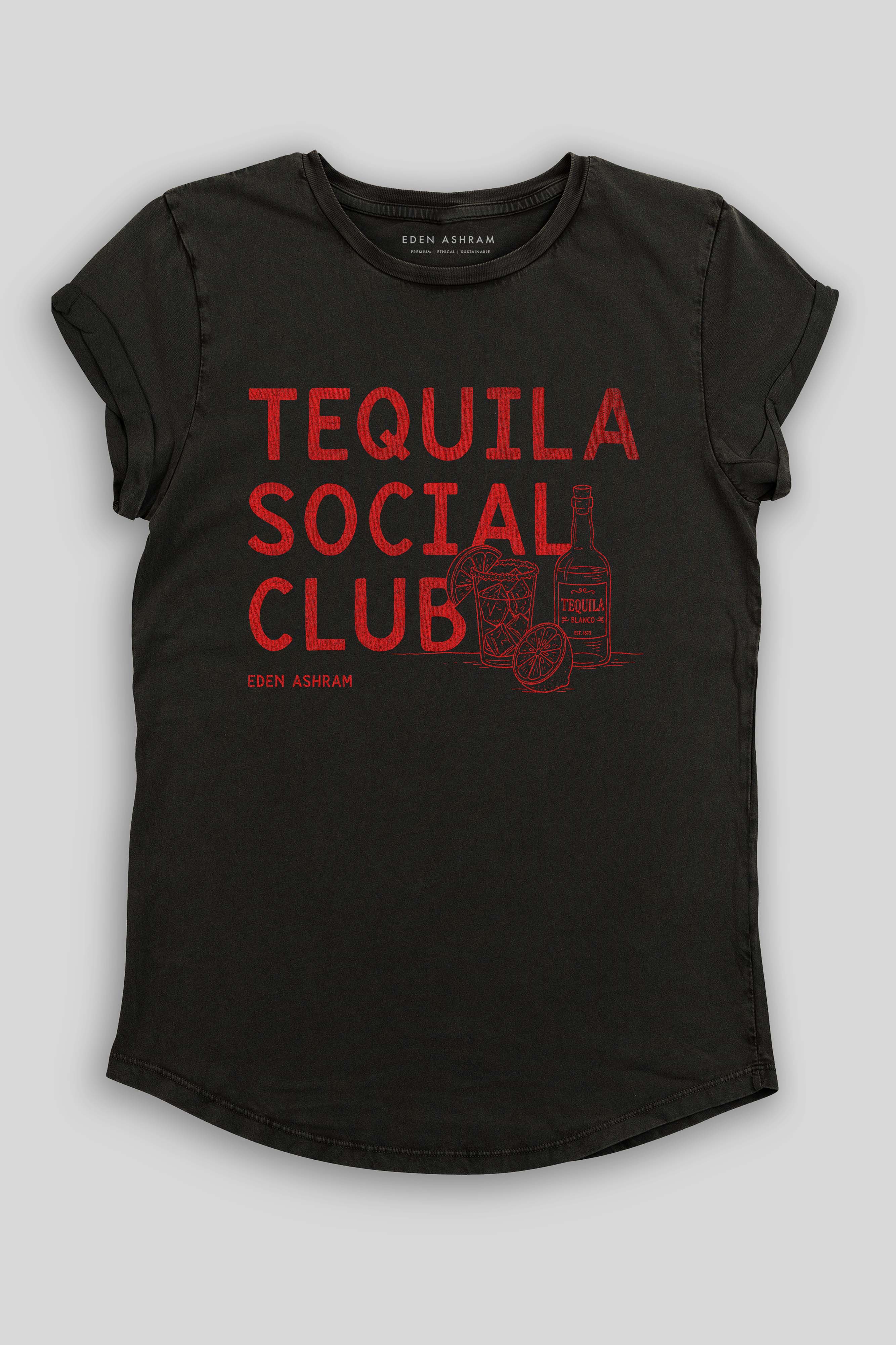 Eden Ashram Tequila Social Club Premium Rolled Sleeve T-Shirt Stonewash Black
