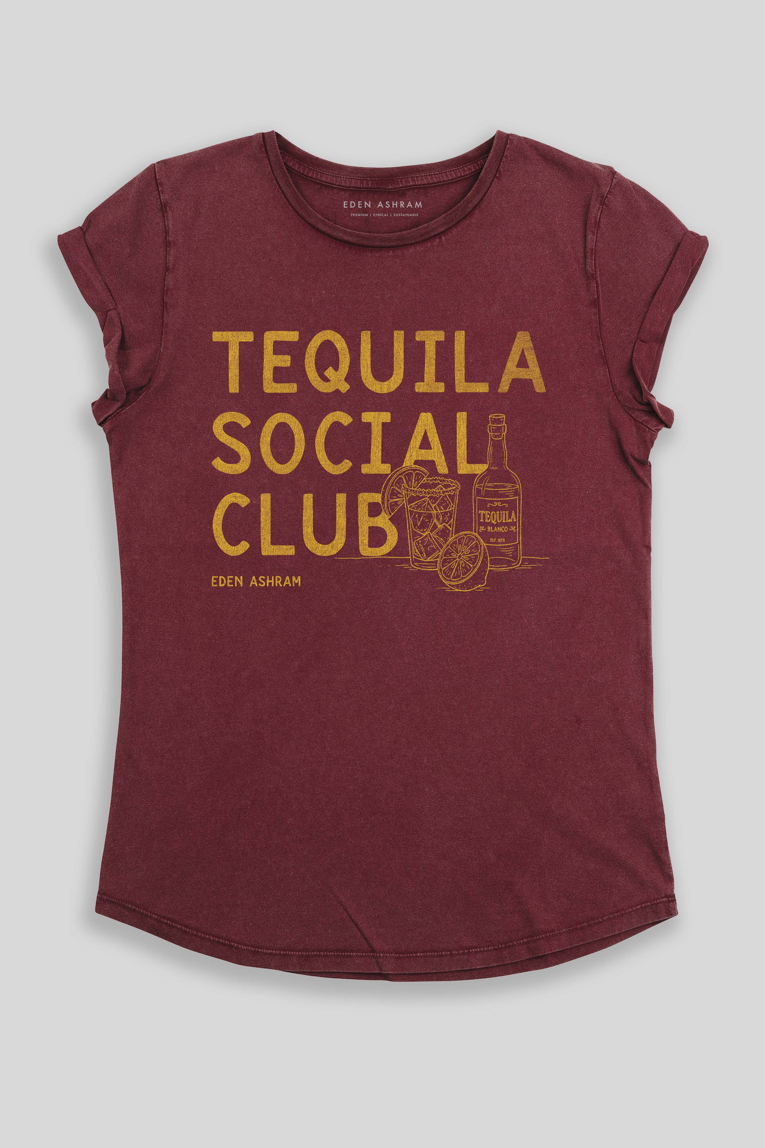 Eden Ashram Tequila Social Club Premium Rolled Sleeve T-Shirt Stonewash Burgundy