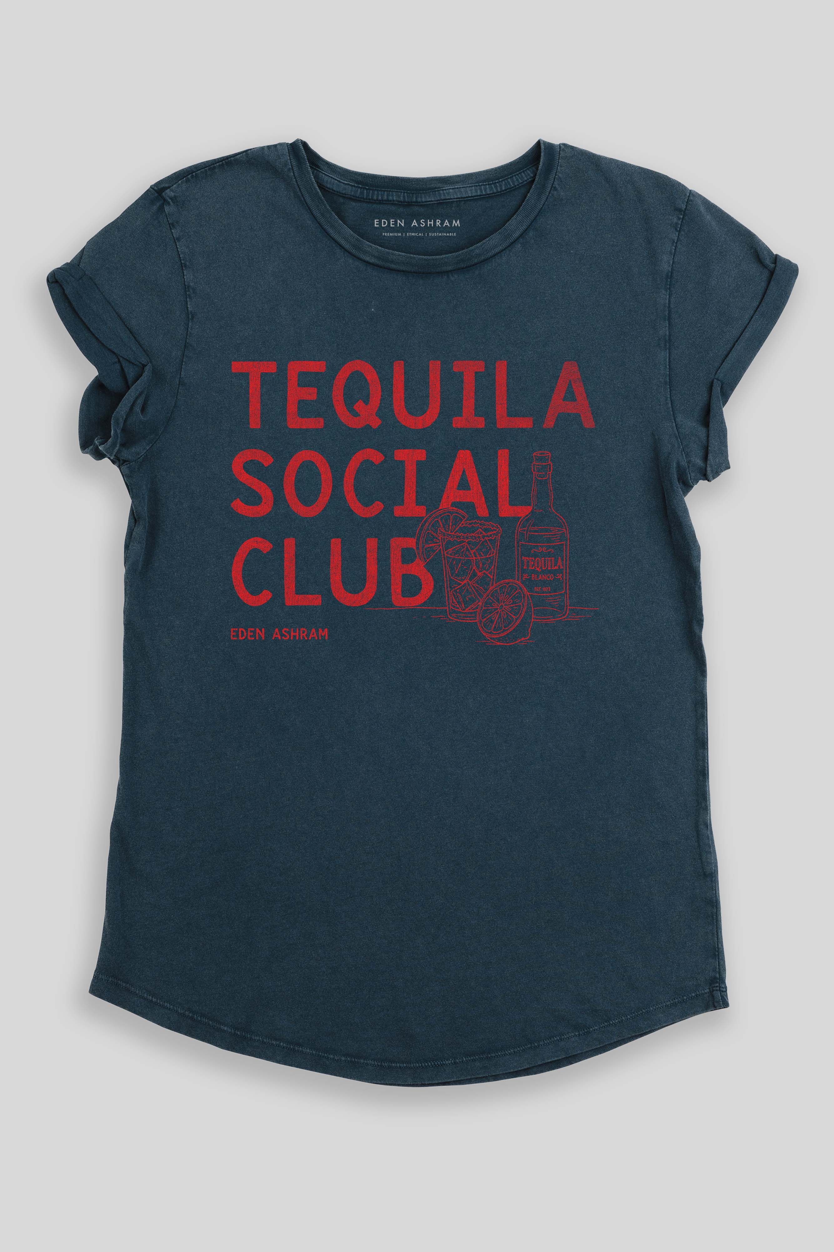 Eden Ashram Tequila Social Club Premium Rolled Sleeve T-Shirt Stonewash Denim