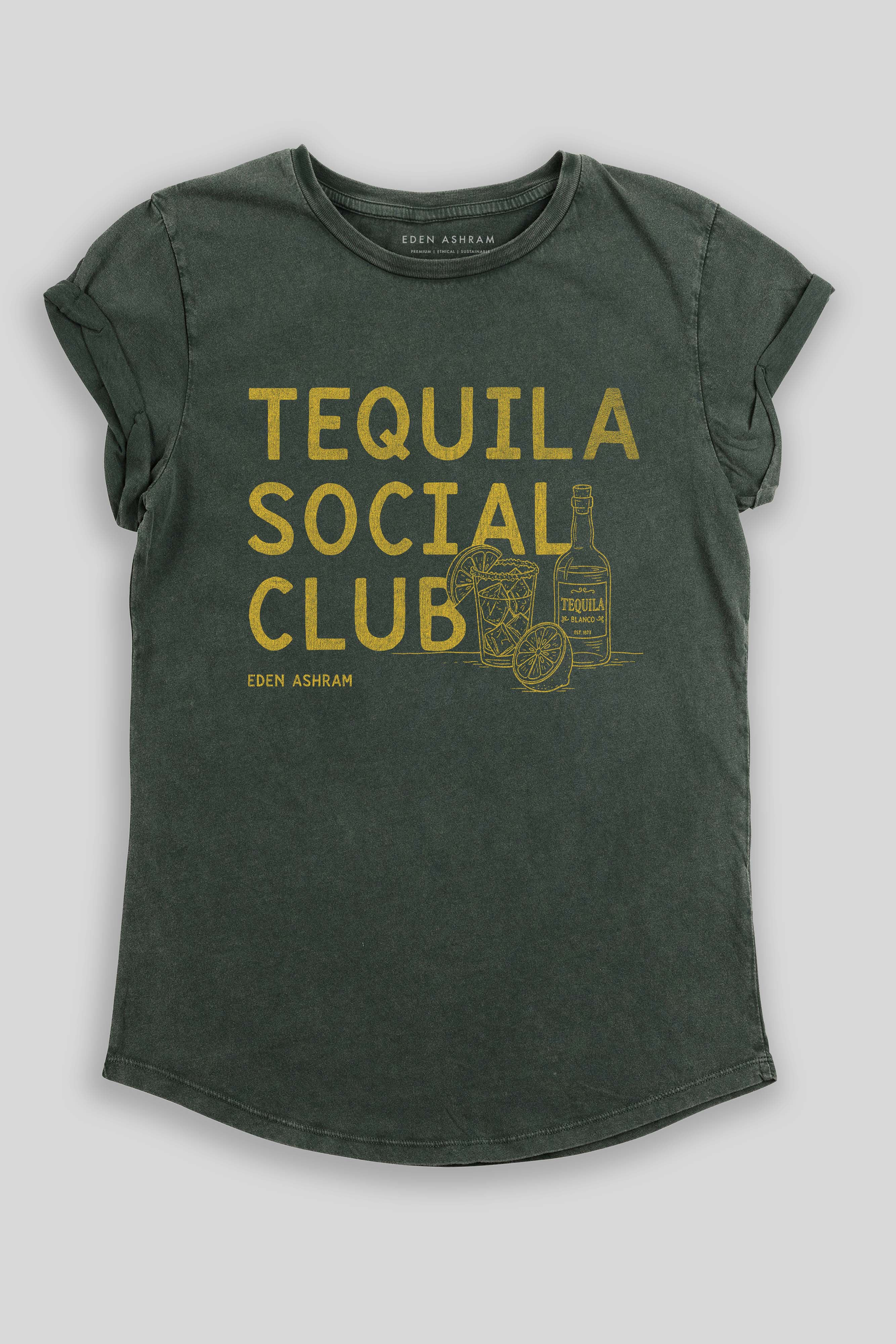 Eden Ashram Tequila Social Club Premium Rolled Sleeve T-Shirt Stonewash Green